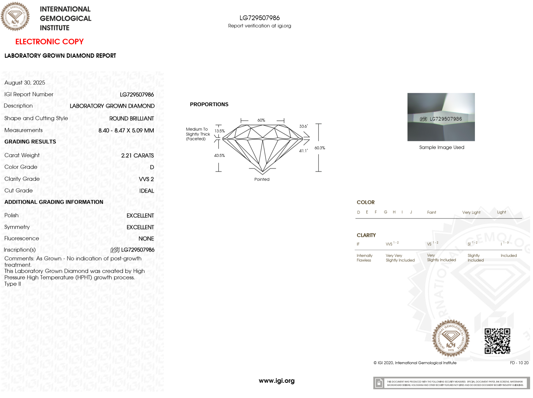 2.21 Carat D-VVS2 Round Lab Grown Diamond - IGI (#121779)