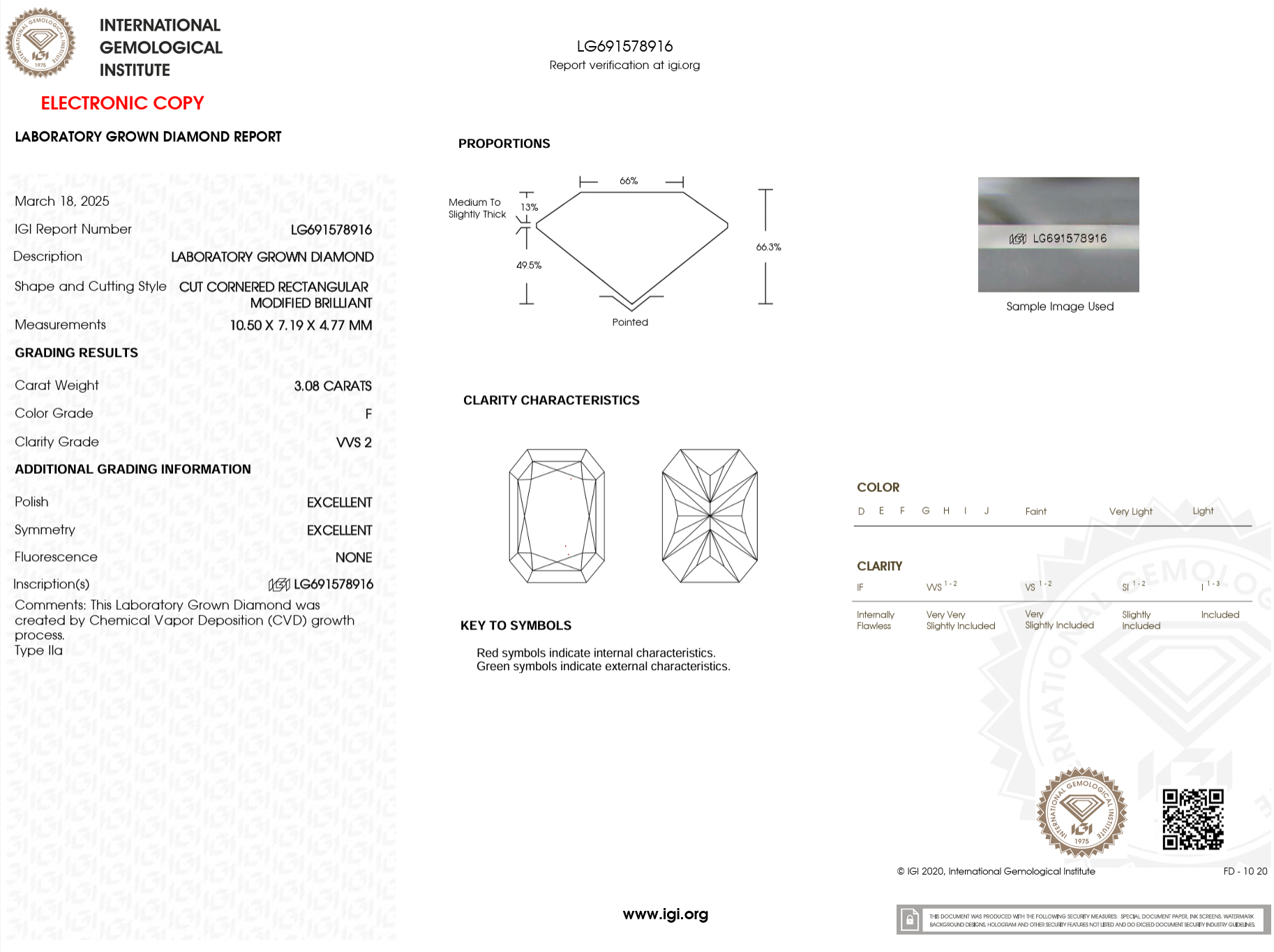 3.08 Carat F-VVS2 Radiant Lab Grown Diamond - IGI (#121784)