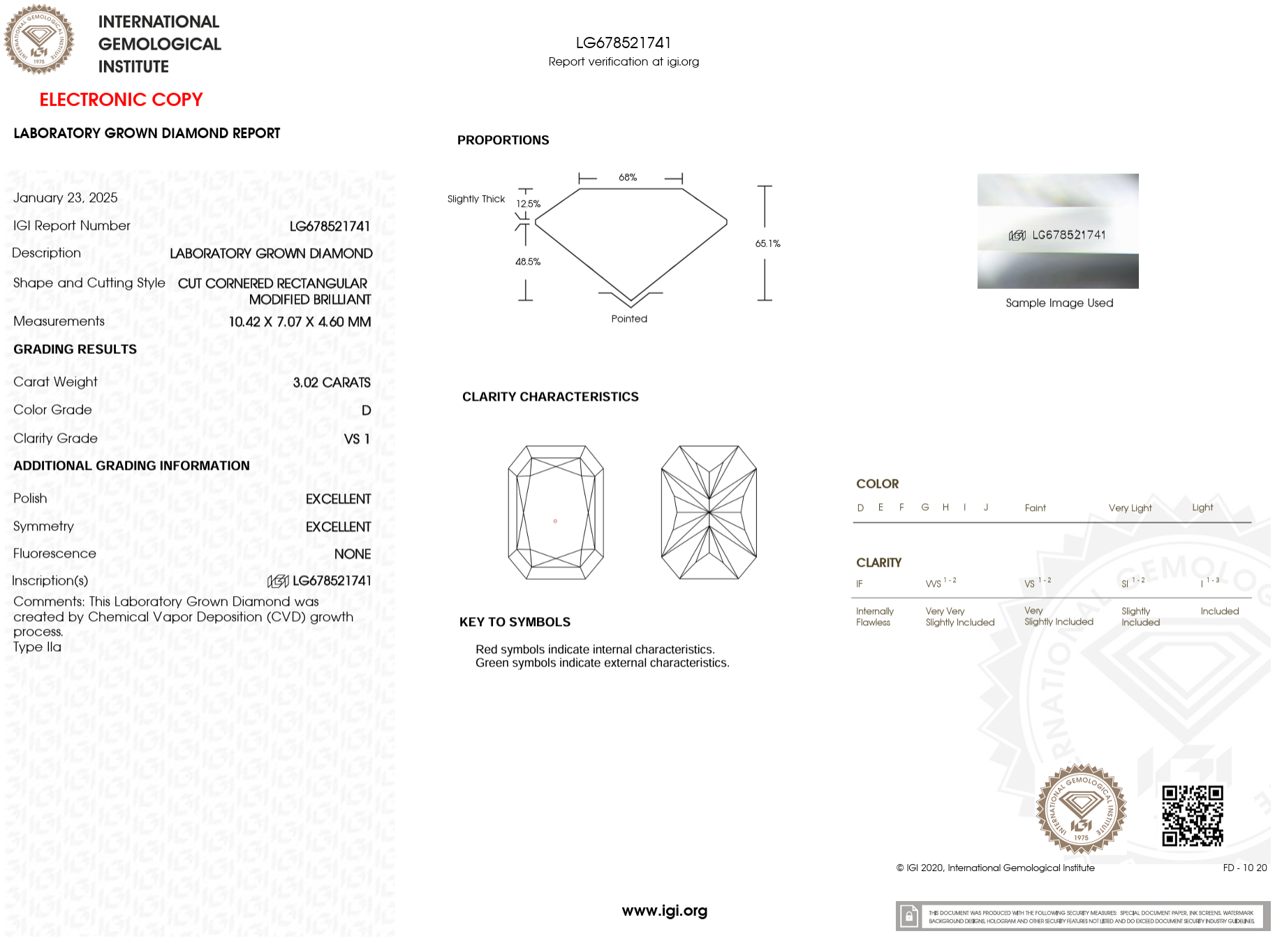 3.02 Carat D-VS1 Radiant Lab Grown Diamond - IGI (#121790)