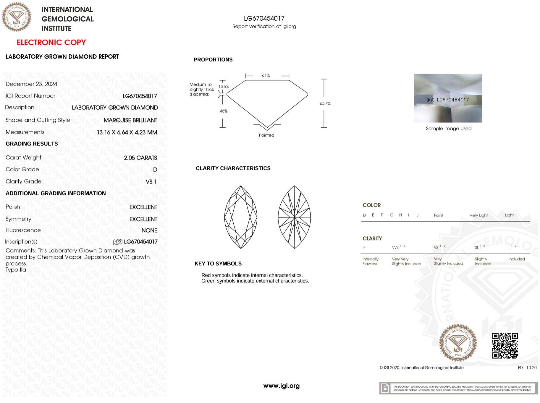 2.05 Carat D-VS1 Marquise Lab Grown Diamond - IGI (#121792)