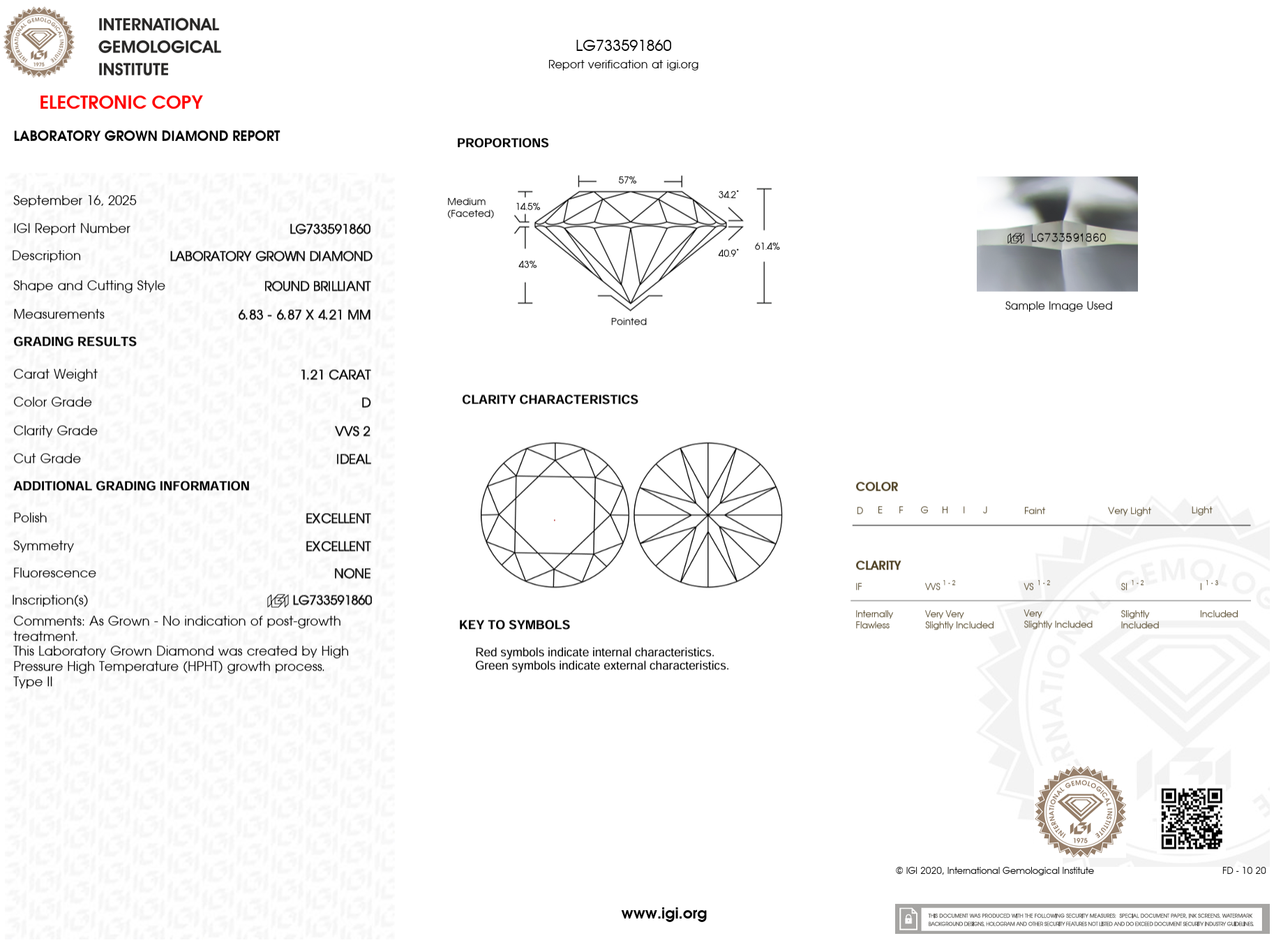 1.21 Carat D-VVS2 Round Lab Grown Diamond - IGI (#121808)