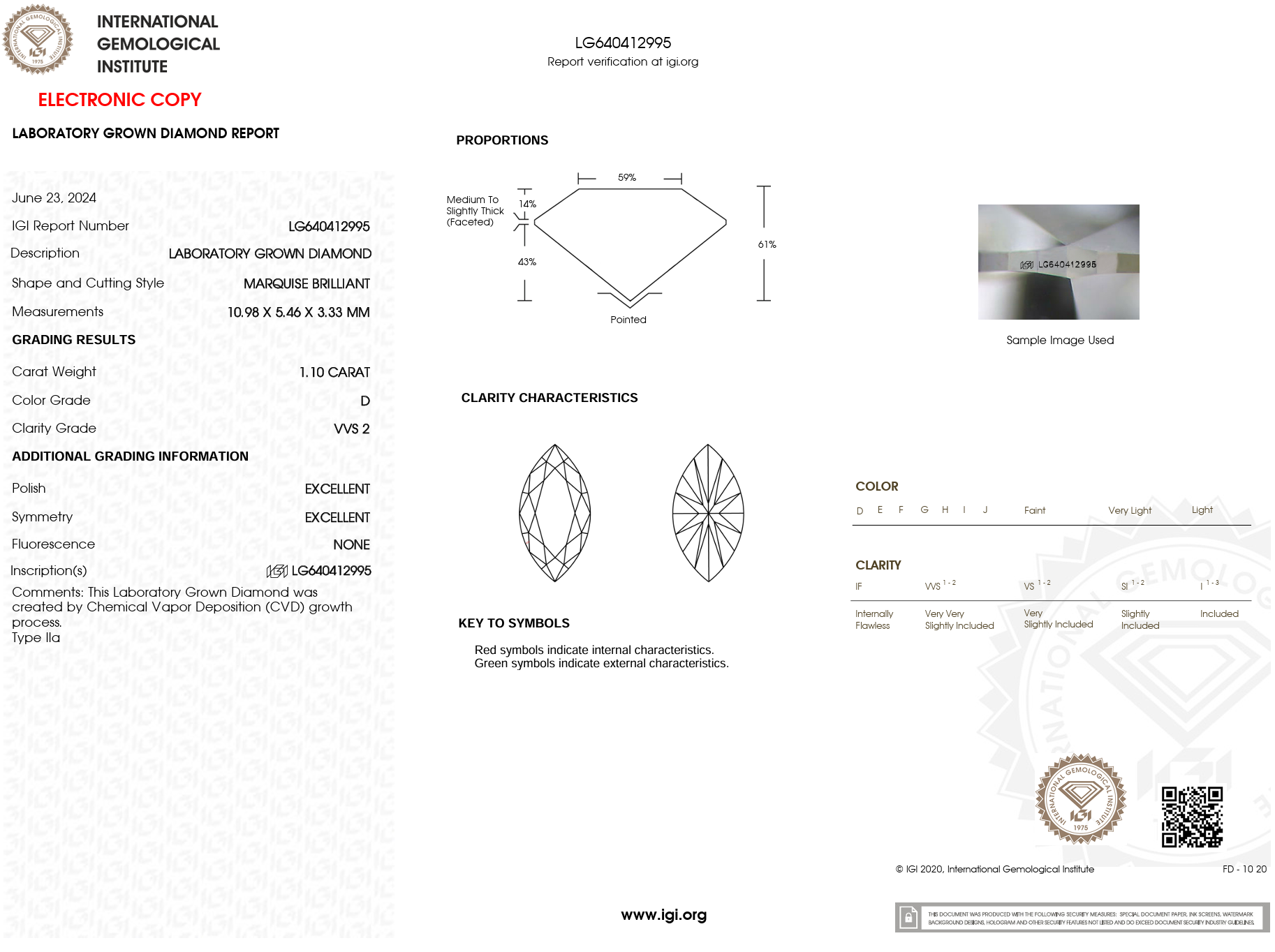 1.10 Carat D-VVS2 Marquise Lab Grown Diamond - IGI (#121839)
