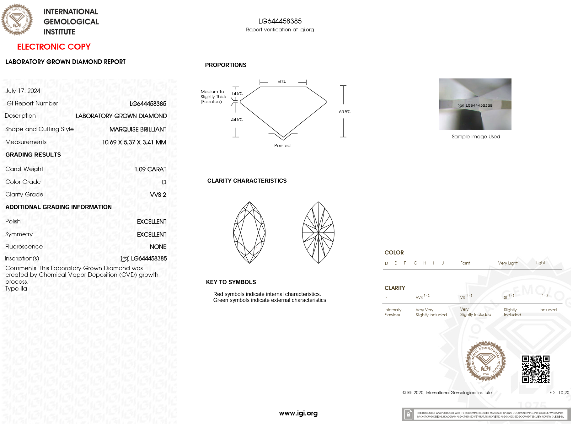 1.09 Carat D-VVS2 Marquise Lab Grown Diamond - IGI (#121840)