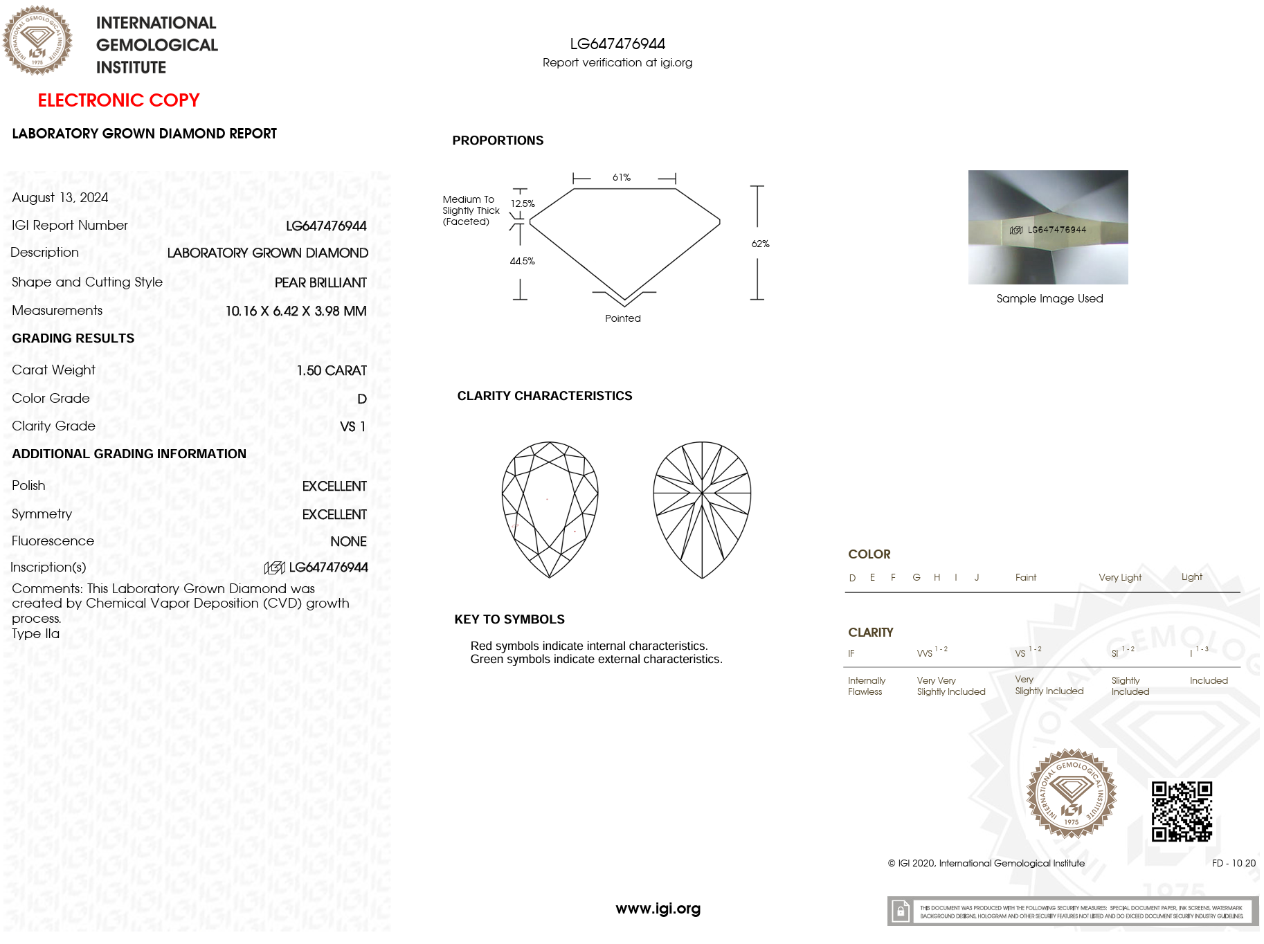 1.50 Carat D-VS1 Pear Lab Grown Diamond - IGI (#121842)
