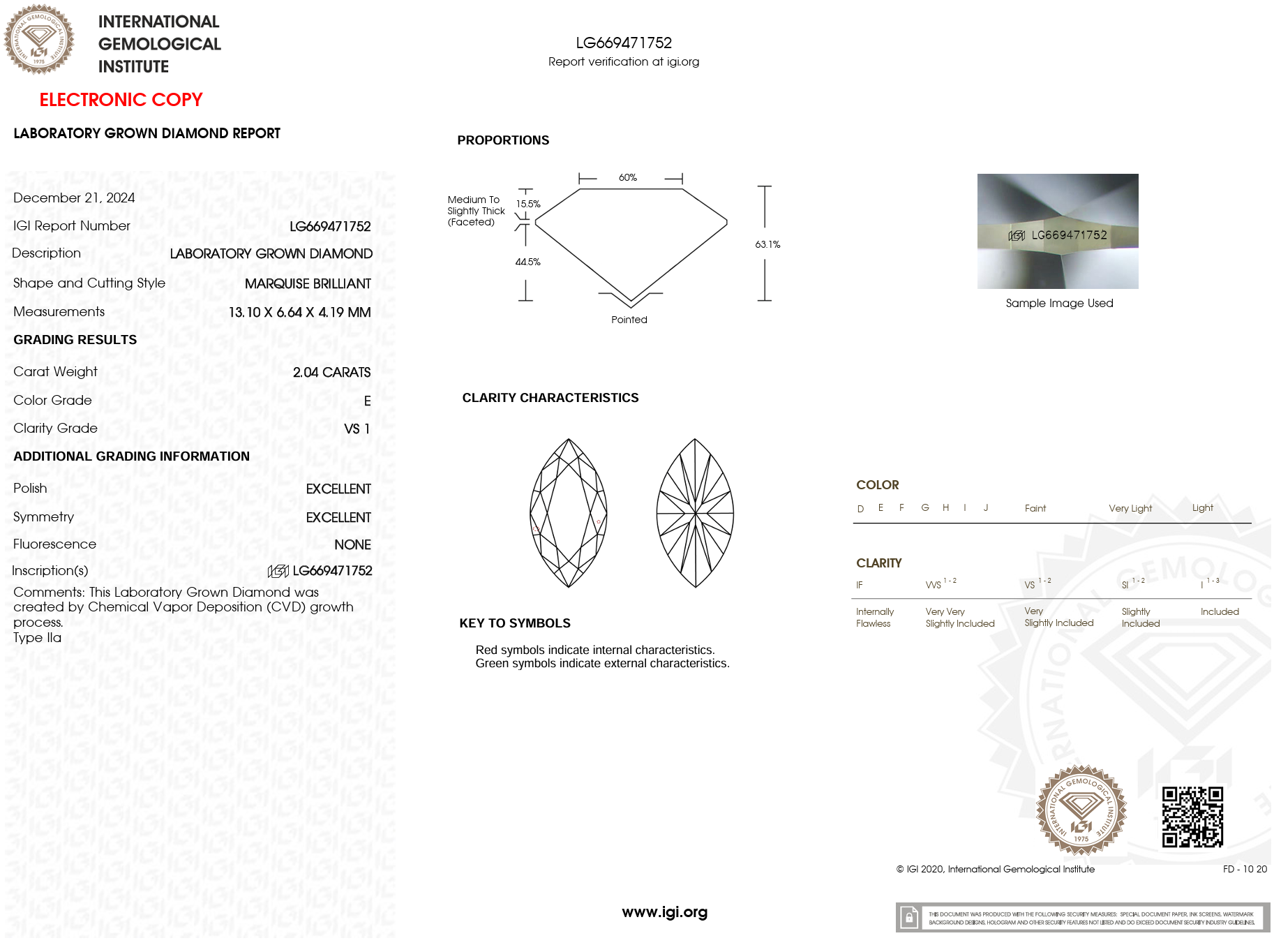 2.04 Carat E-VS1 Marquise Lab Grown Diamond - IGI (#121847)