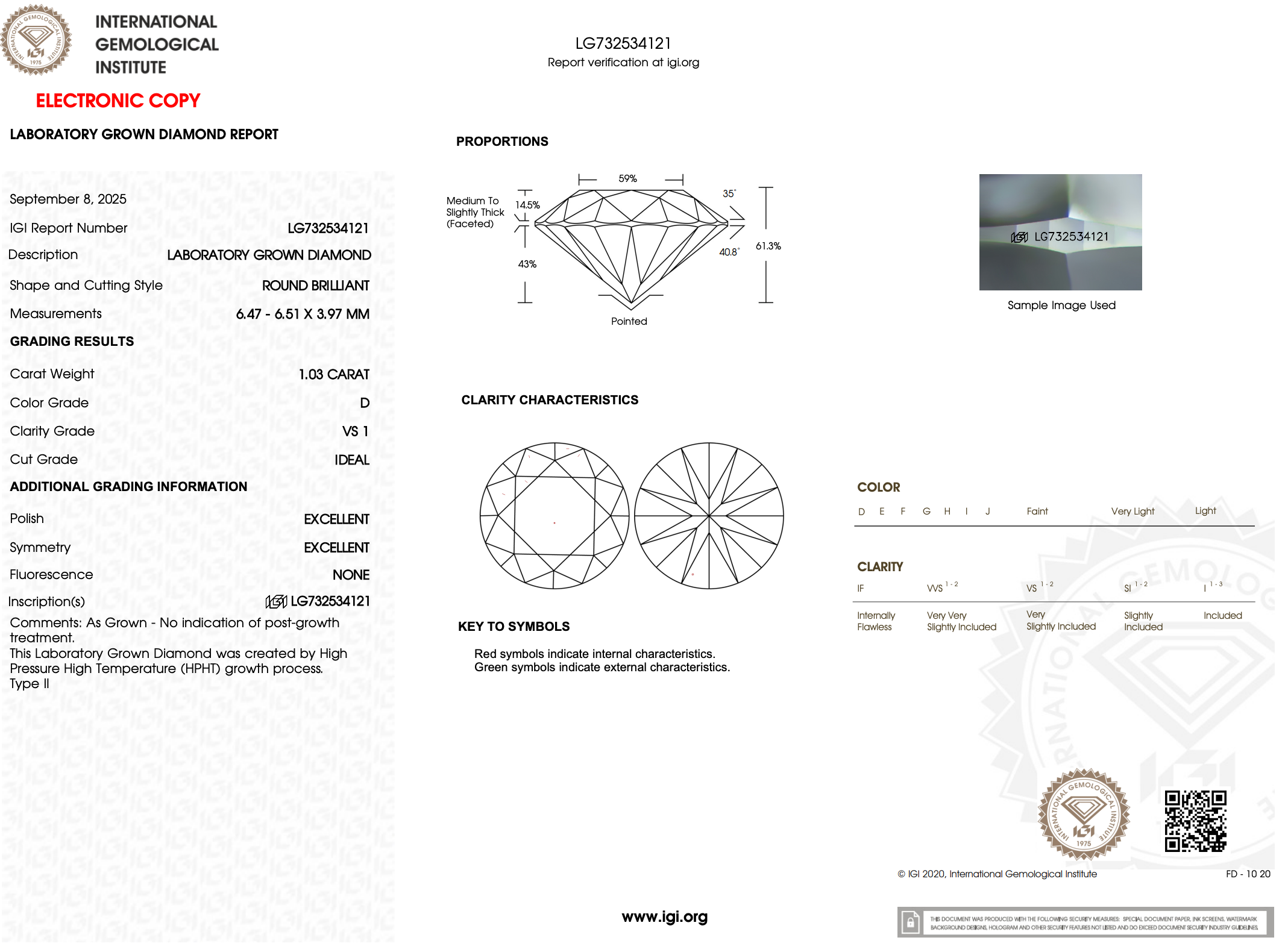 1.03 Carat D-VS1 Round Lab Grown Diamond - IGI (#121881)
