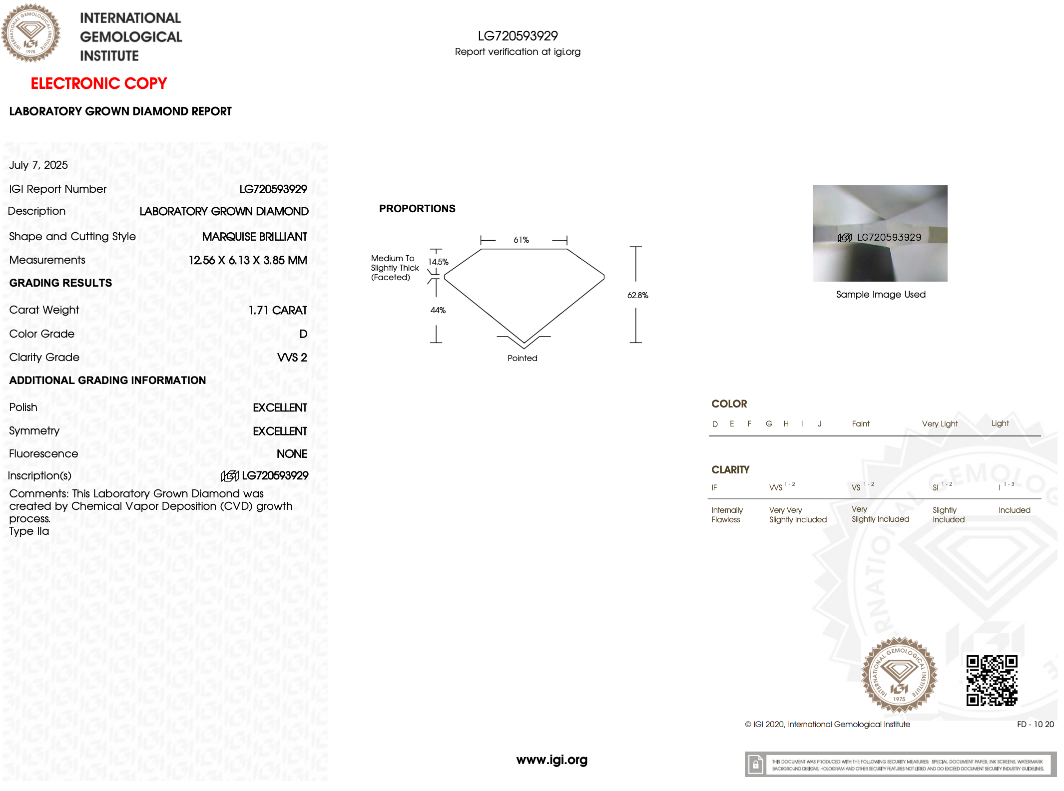 1.71 Carat D-VVS2 Marquise Lab Grown Diamond - IGI (#121903)