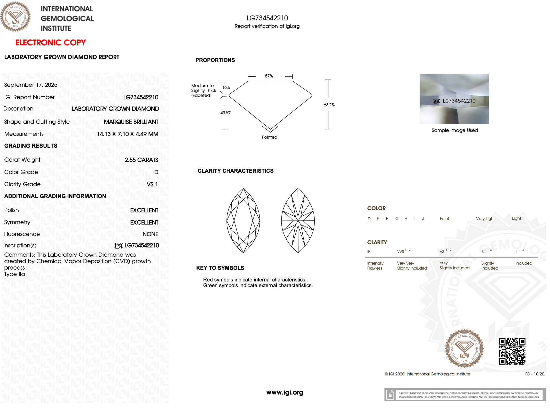 2.55 Carat D-VS1 Marquise Lab Grown Diamond - IGI (#121911)