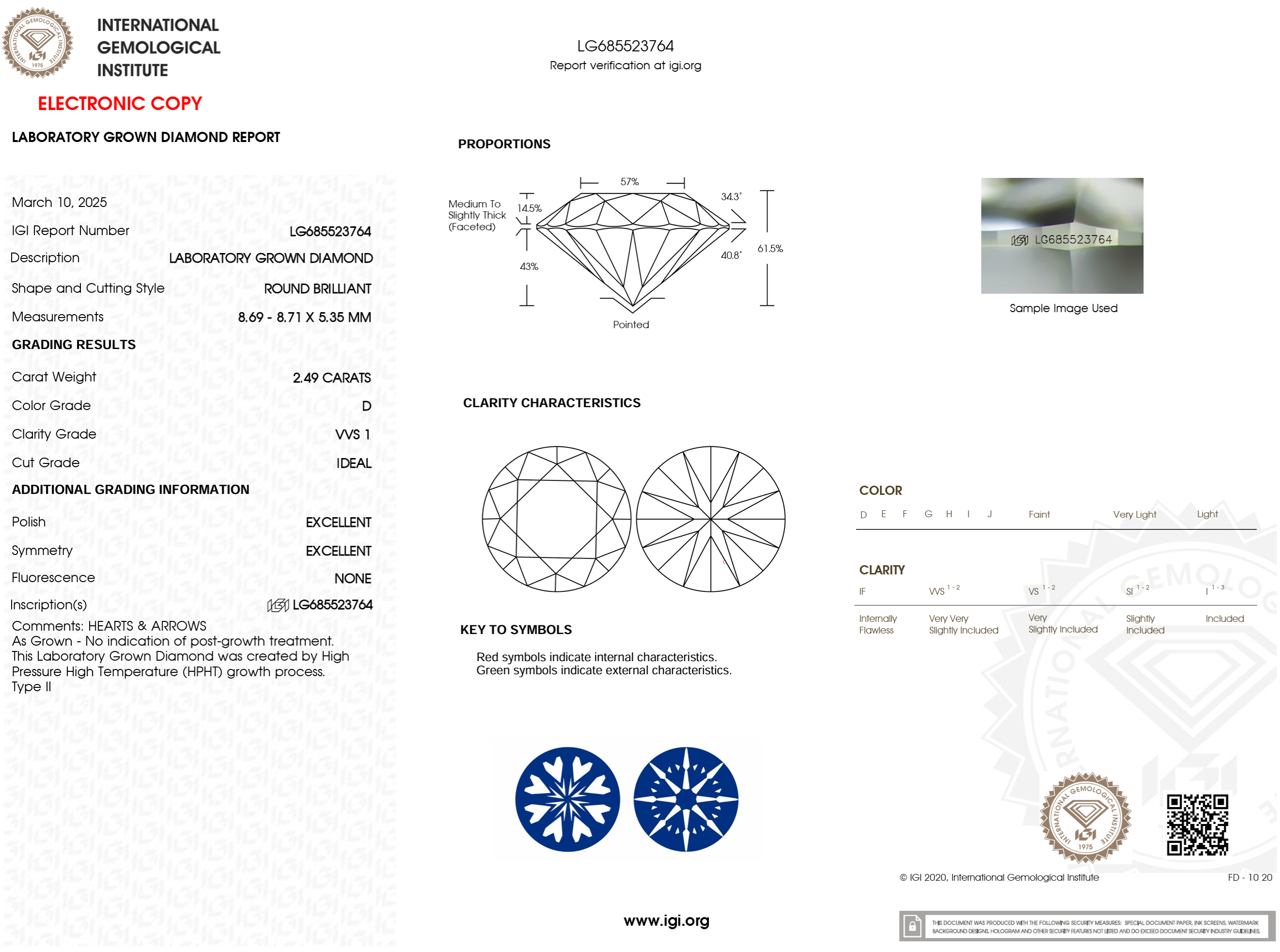2.49 Carat D-VVS1 H&A Round Lab Grown Diamond - IGI (#121914)