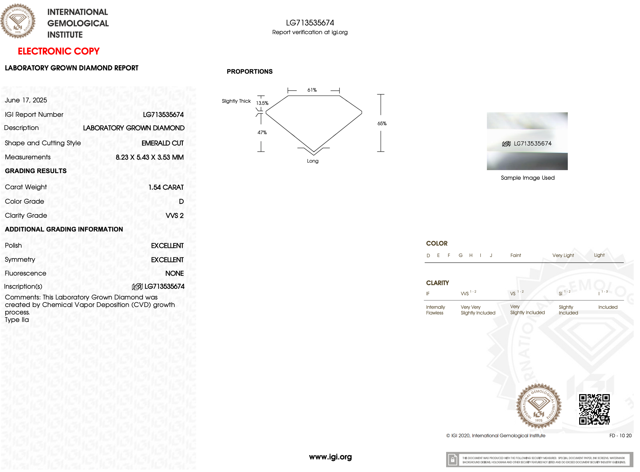 1.54 Carat D-VVS2 Emerald Lab Grown Diamond - IGI (#121995)