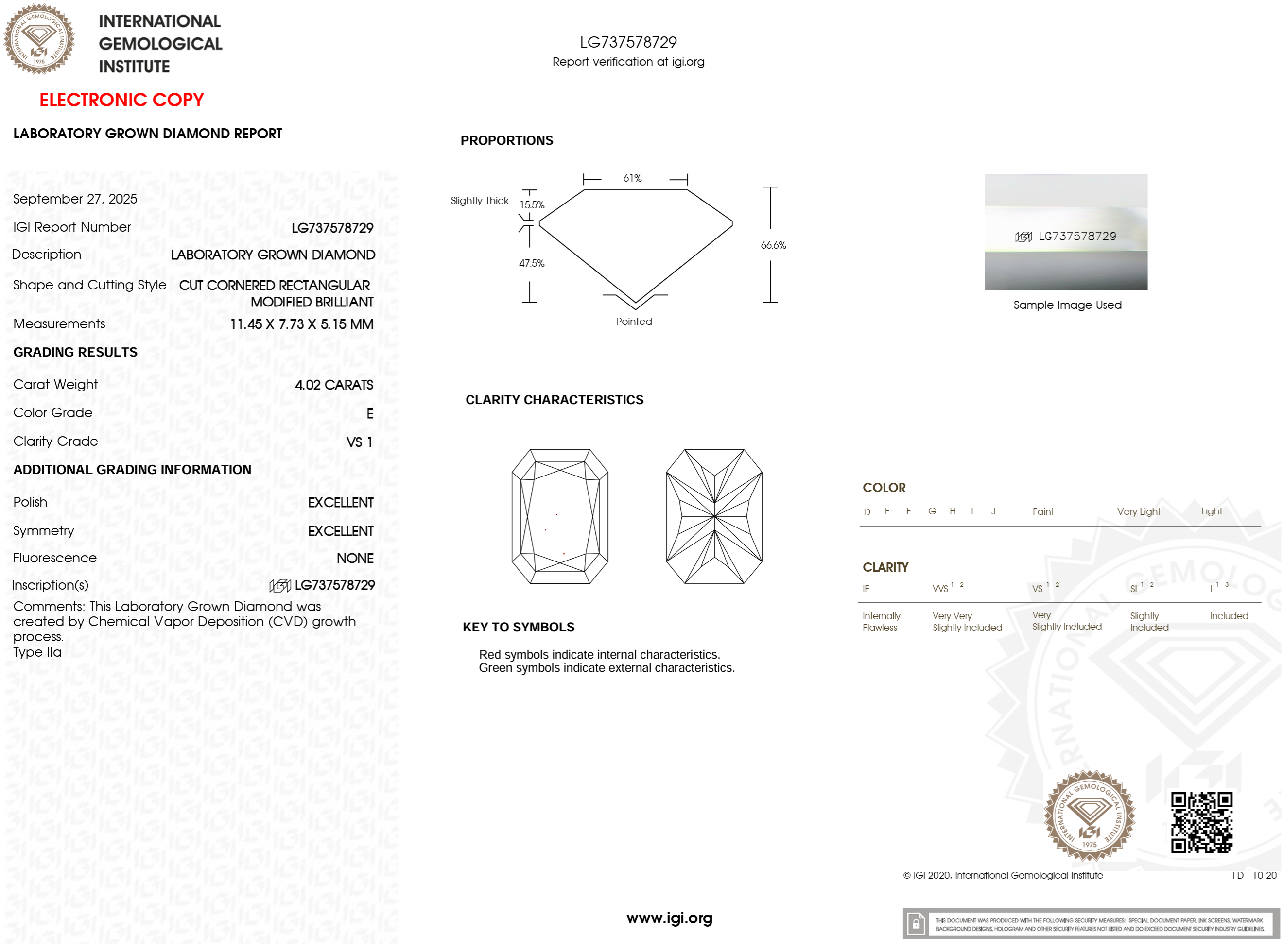 4.02 Carat E-VS1 Radiant Lab Grown Diamond - IGI (#122231)