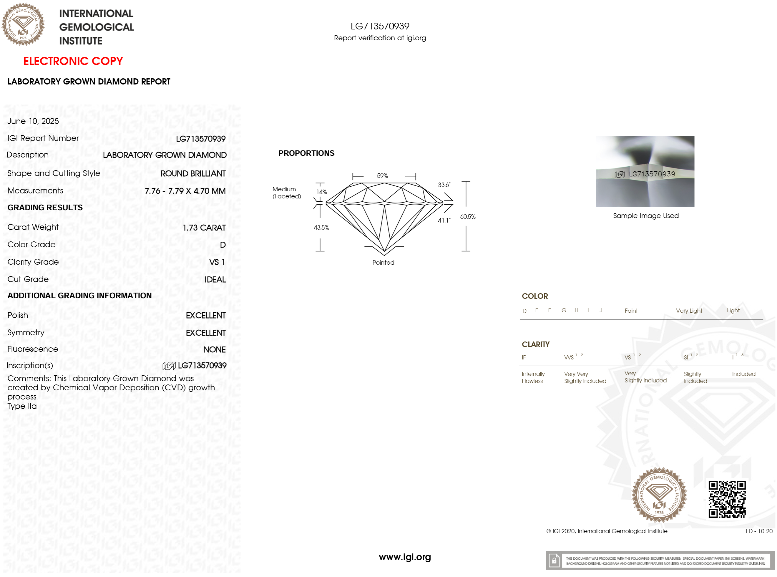 1.73 Carat D-VS1 Round Lab Grown Diamond - IGI (#122245)