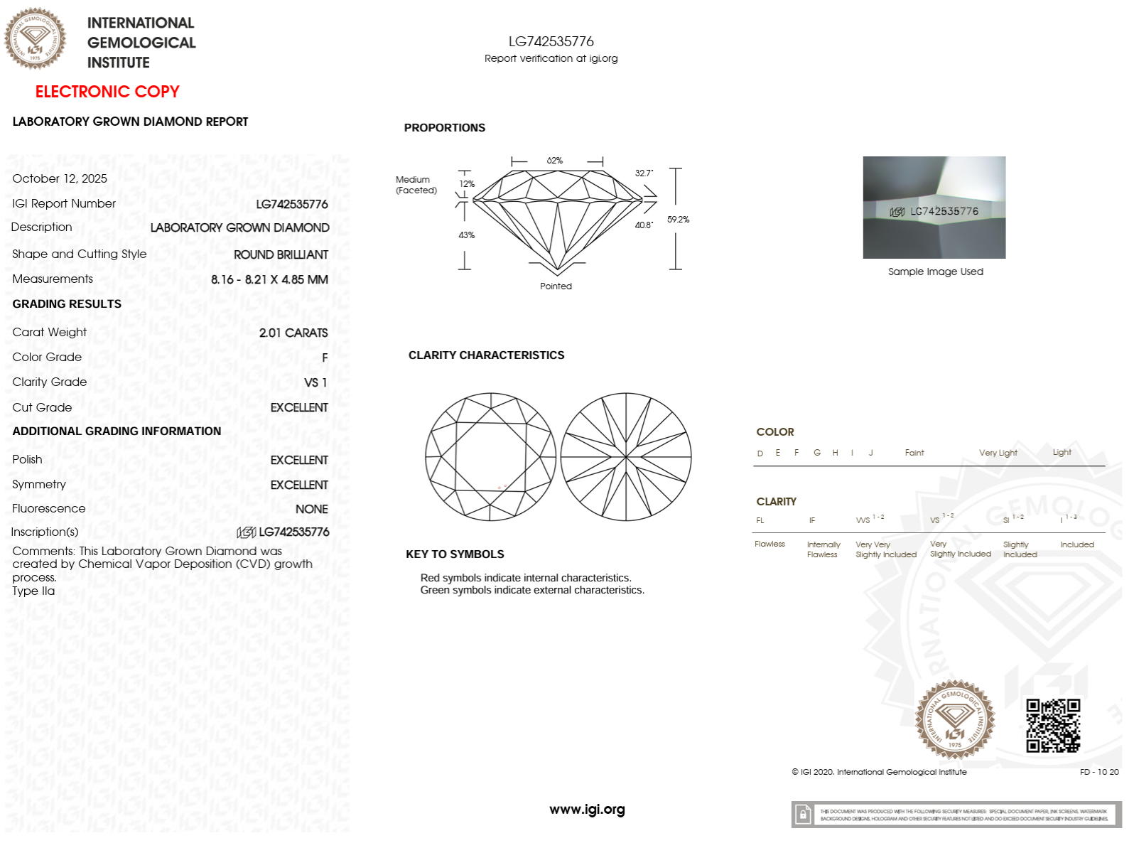 2.01 Carat F-VS1 Round Lab Grown Diamond - IGI (#122572)