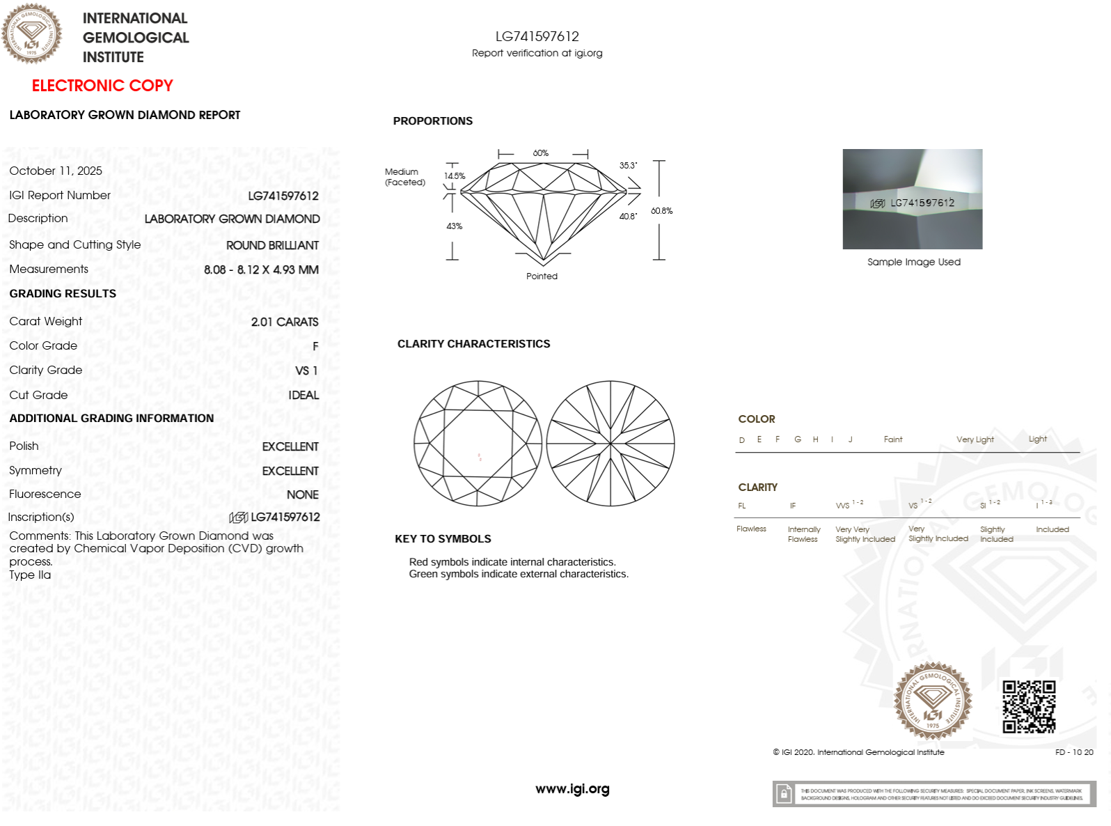 2.01 Carat F-VS1 Round Lab Grown Diamond - IGI (#122573)