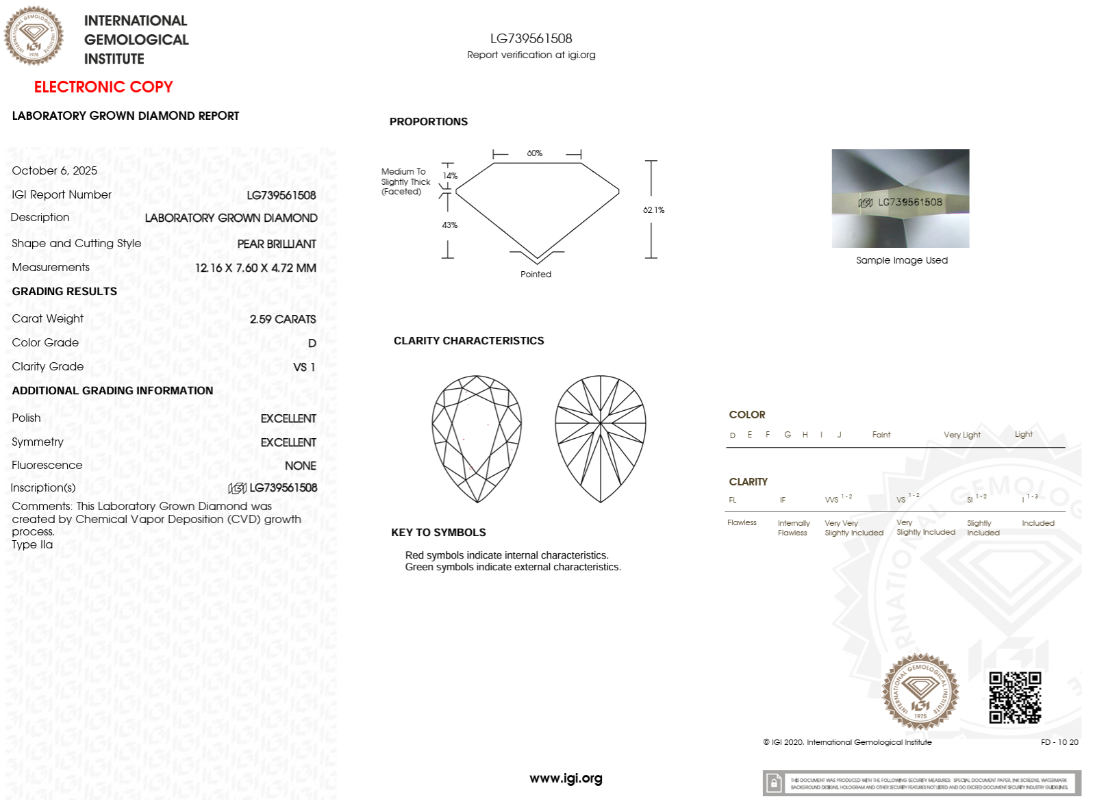 2.59 Carat D-VS1 Pear Lab Grown Diamond - IGI (#122583)