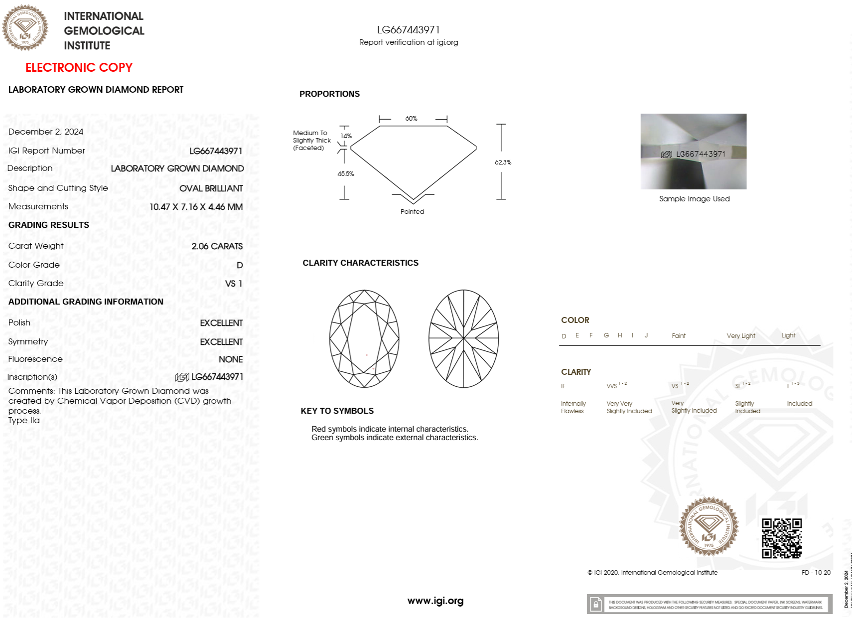 2.06 Carat D-VS1 Oval Lab Grown Diamond - IGI (#122618)