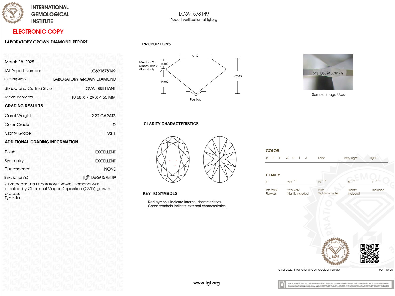 2.22 Carat D-VS1 Oval Lab Grown Diamond - IGI (#122623)