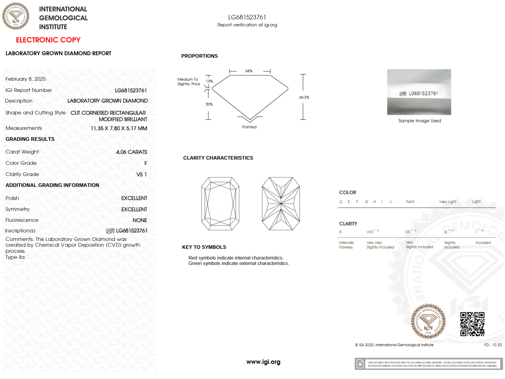4.06 Carat F-VS1 Radiant Lab Grown Diamond - IGI (#122658)