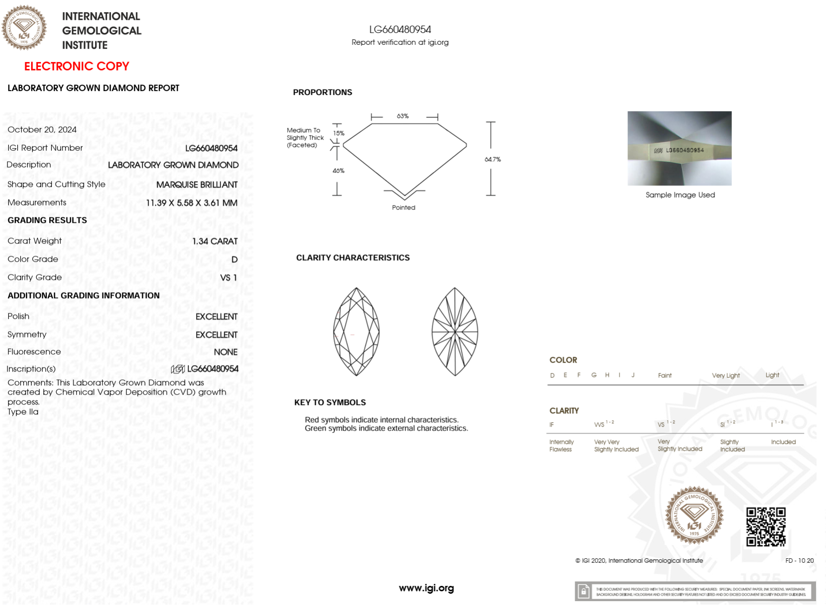 1.34 Carat D-VS1 Marquise Lab Grown Diamond - IGI (#122816)