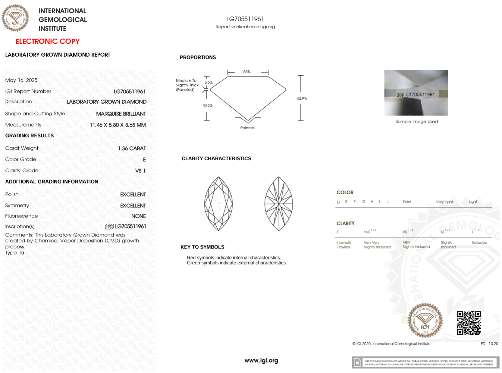 1.36 Carat E-VS1 Marquise Lab Grown Diamond - IGI (#122818)