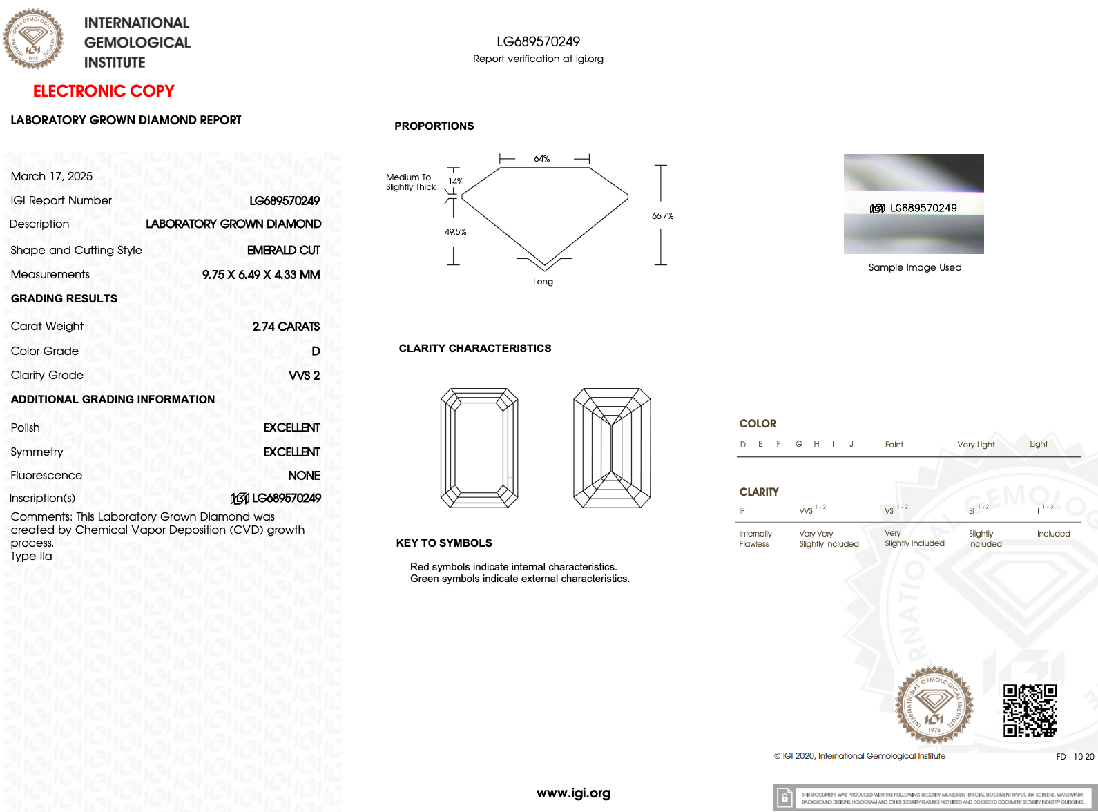 2.74ct D-VVS2 Emerald Lab Diamond Lucia