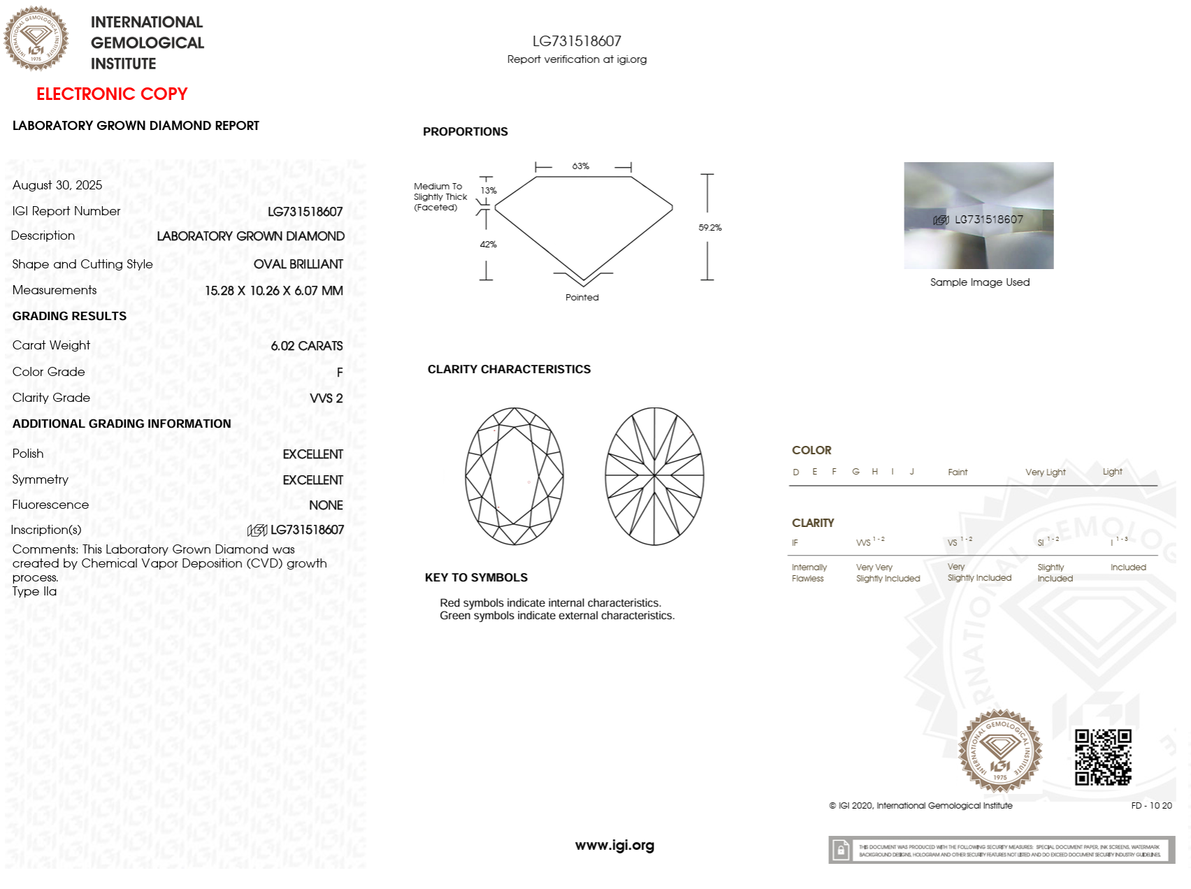 6.02 Carat F-VVS2 Oval Lab Grown Diamond - IGI (#122959)