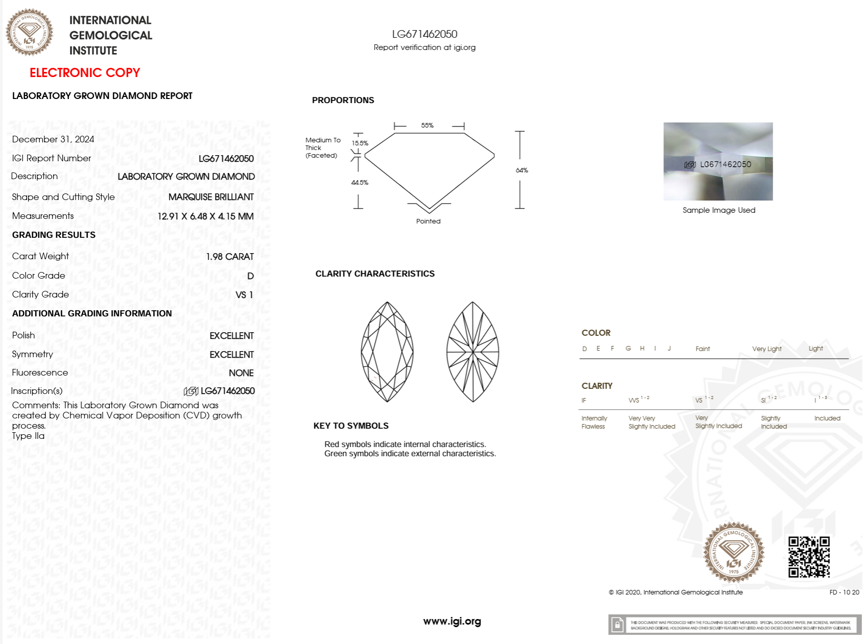 1.98 Carat D-VS1 Marquise Lab Grown Diamond - IGI (#122967)