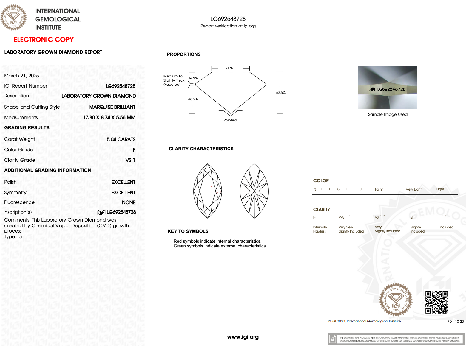 5.04 Carat F-VS1 Marquise Lab Grown Diamond - IGI (#123015)
