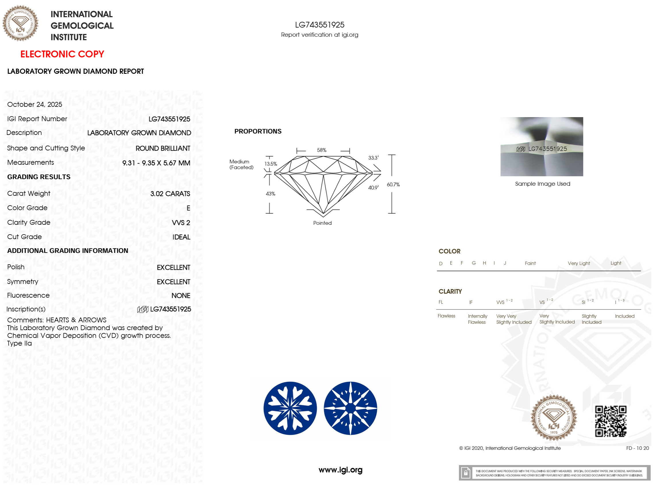 3.02 Carat E-VVS2 H&A Round Lab Grown Diamond - IGI (#123111)