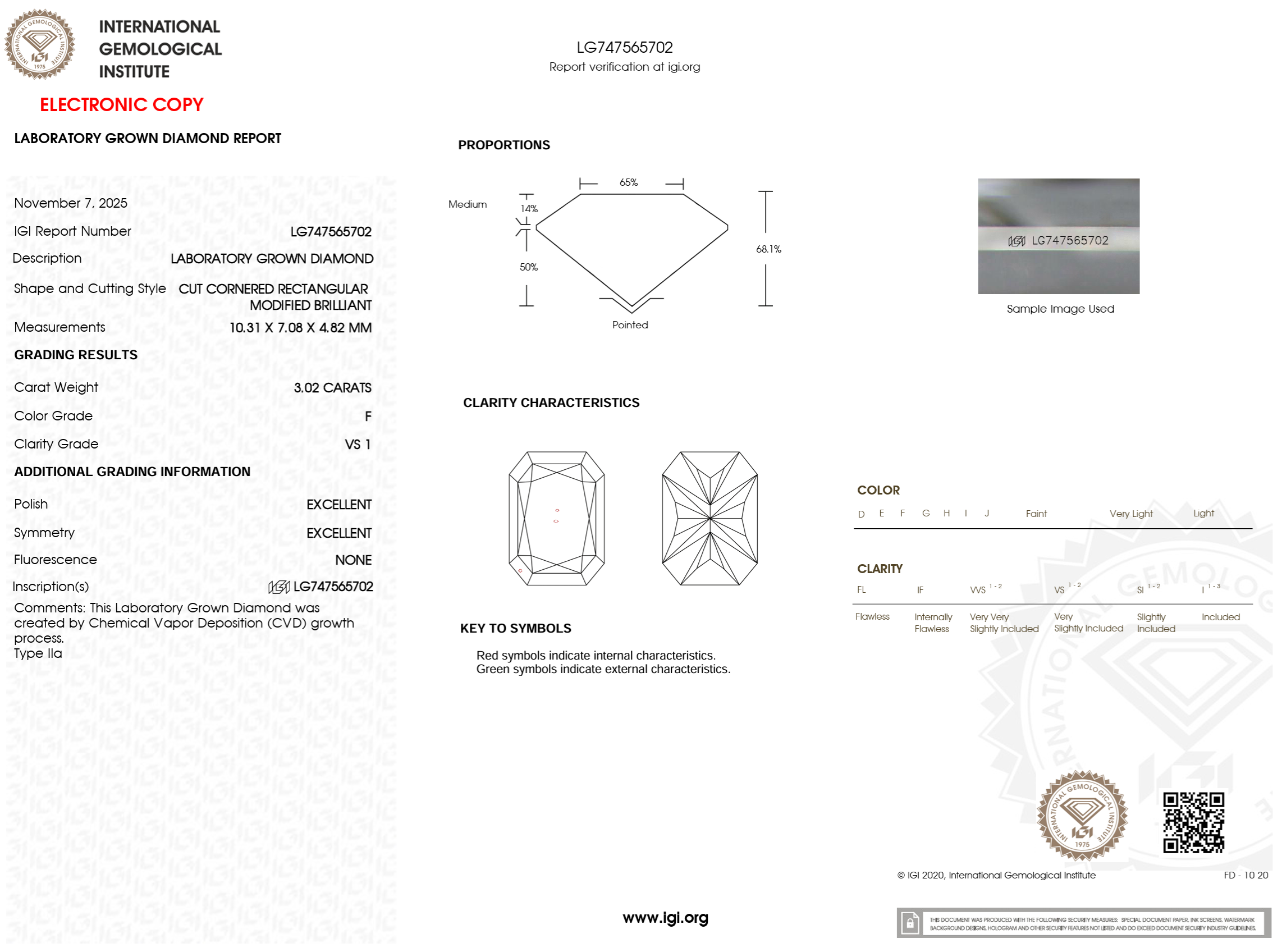 3.02 Carat F-VS1 Radiant Lab Grown Diamond - IGI (#123149)