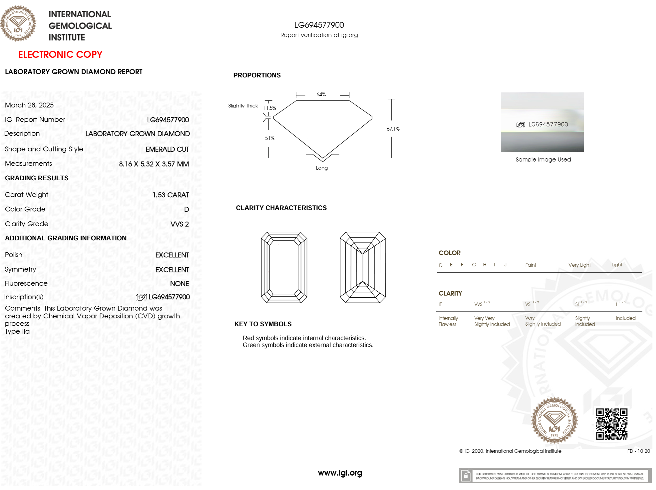 1.53 Carat D-VVS2 Emerald Lab Grown Diamond - IGI (#123392)