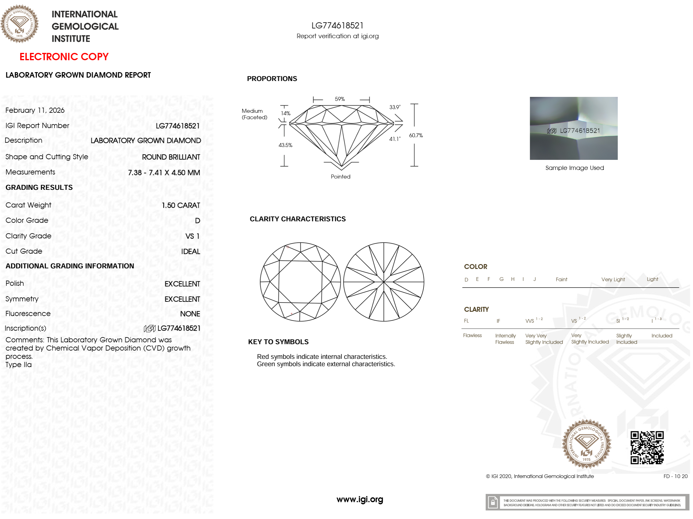 1.50 Carat D-VS1 Round Lab Grown Diamond - IGI (#124881)