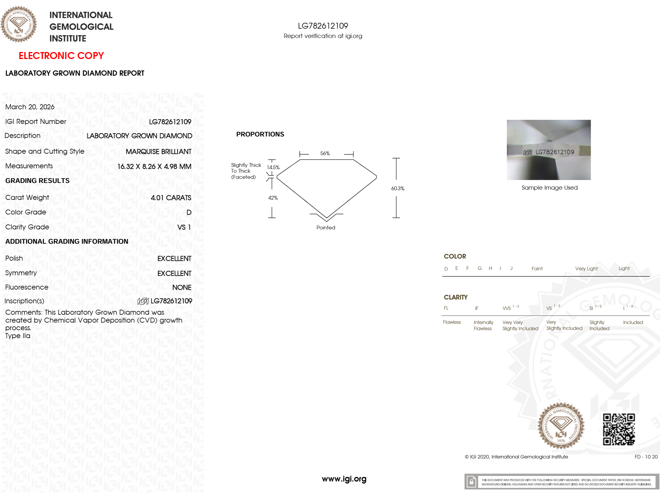 4.01 Carat D-VS1 Marquise Lab Grown Diamond - IGI (#126428)
