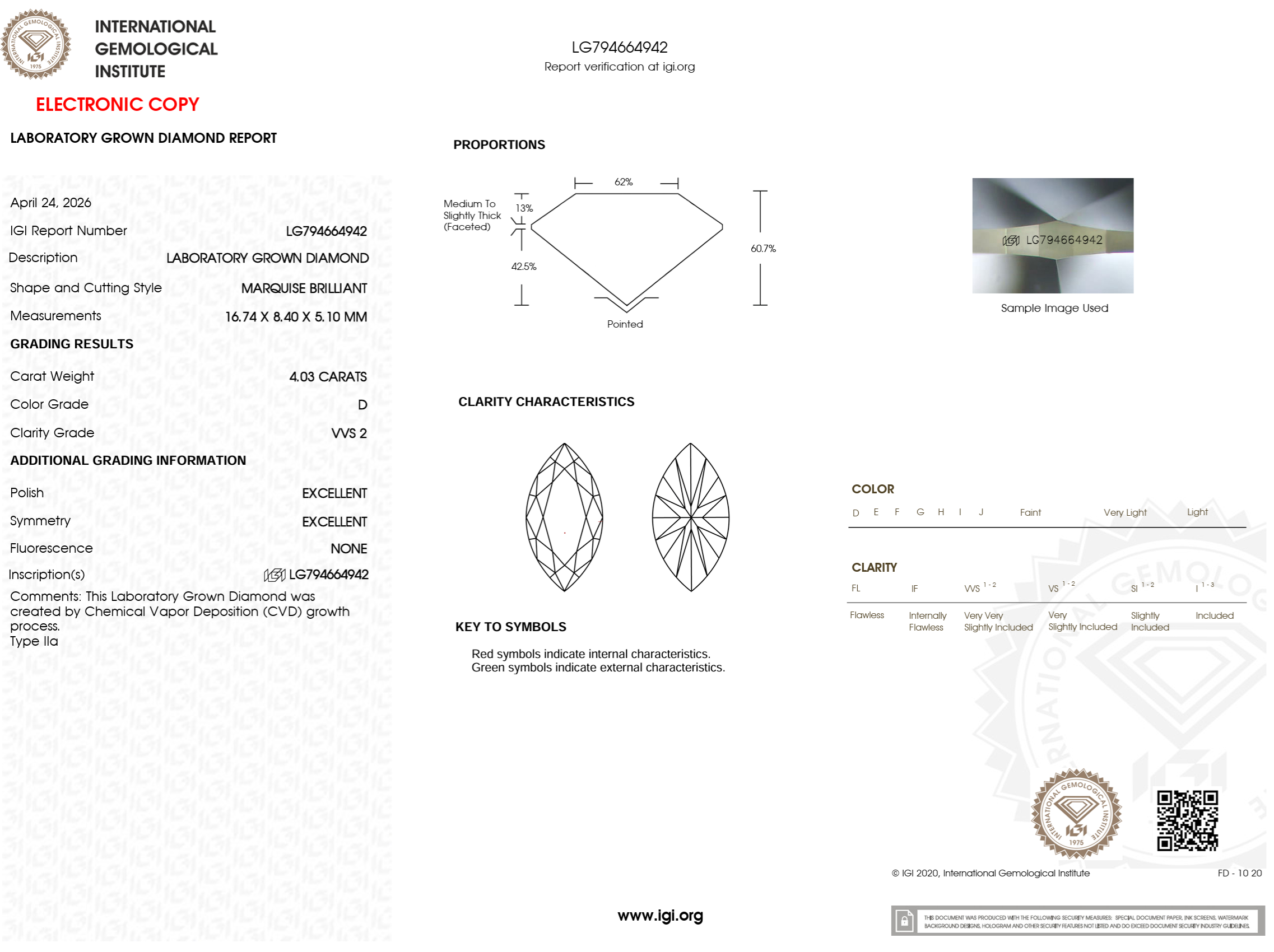 4.03 Carat D-VVS2 Marquise Lab Grown Diamond - IGI (#126429)