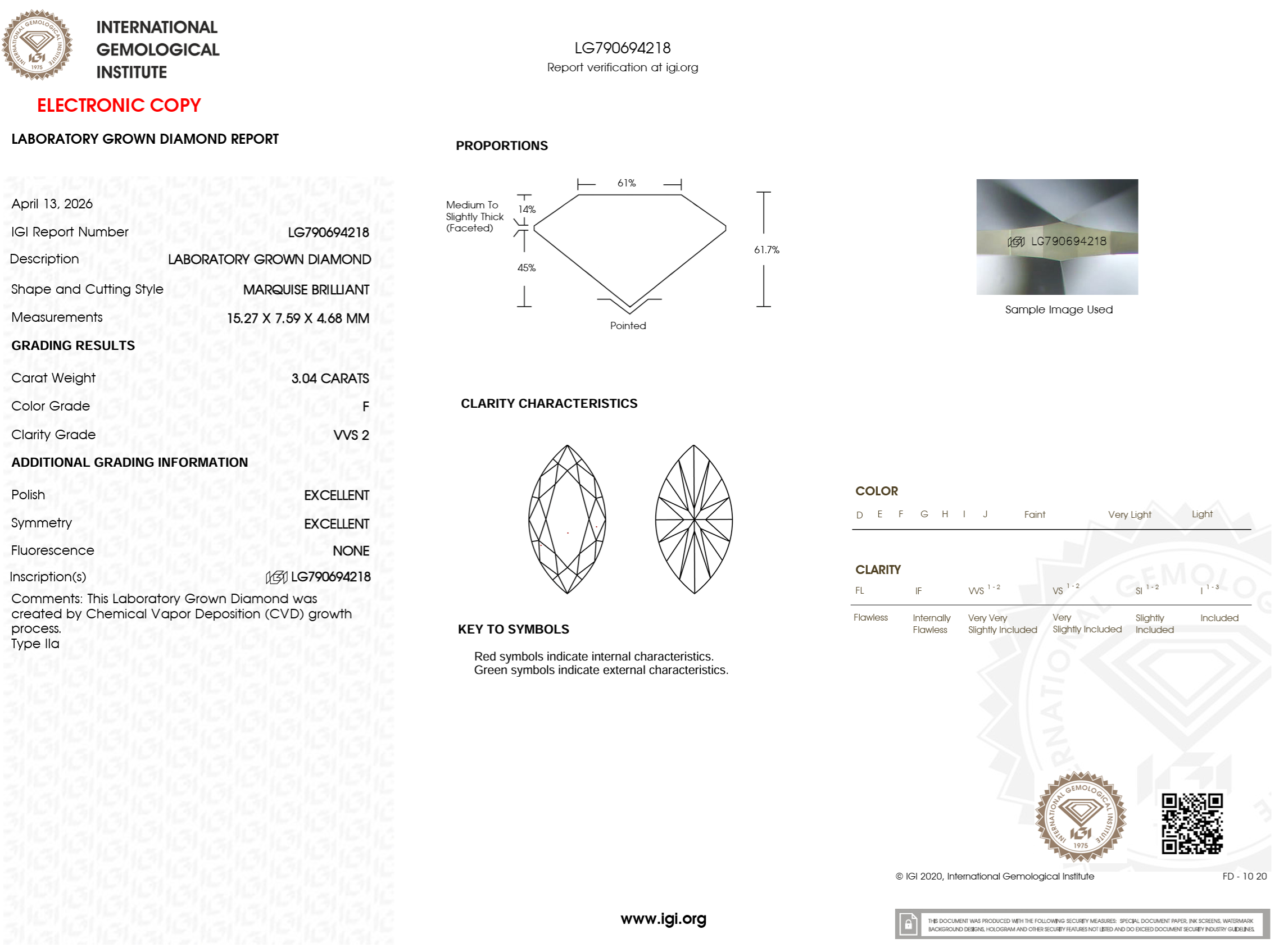3.04 Carat F-VVS2 Marquise Lab Grown Diamond - IGI (#126666)
