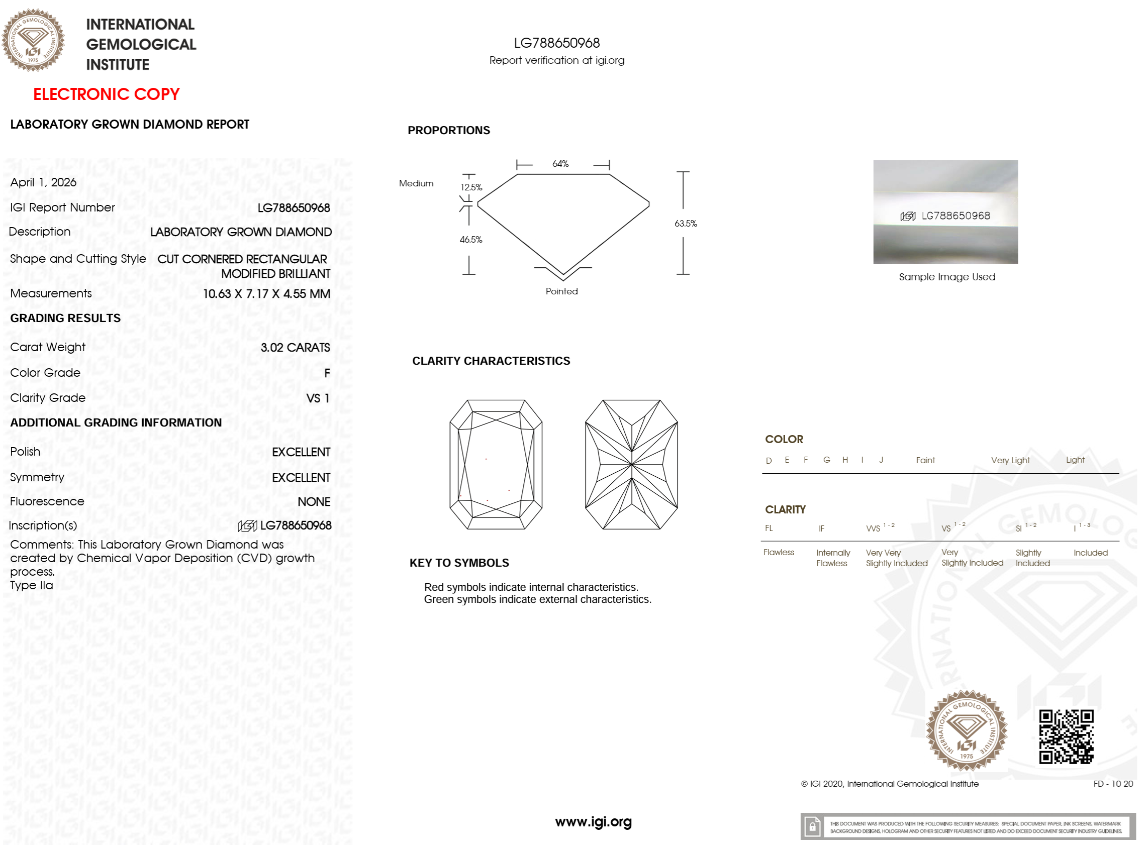 3.02 Carat F-VS1 Radiant Lab Grown Diamond - IGI (#126613)