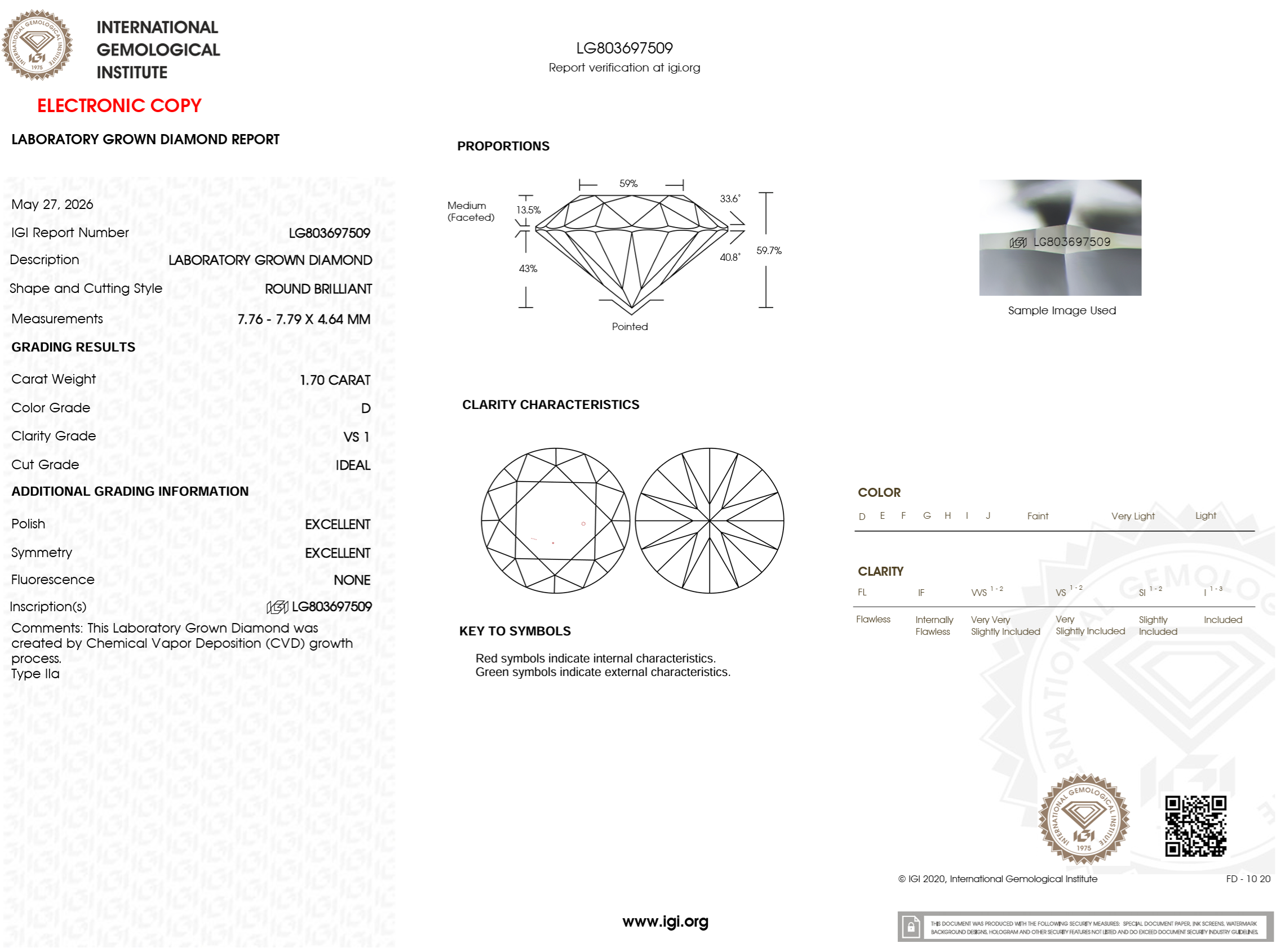 1.70 Carat D-VS1 Round Lab Grown Diamond - IGI (#126684)