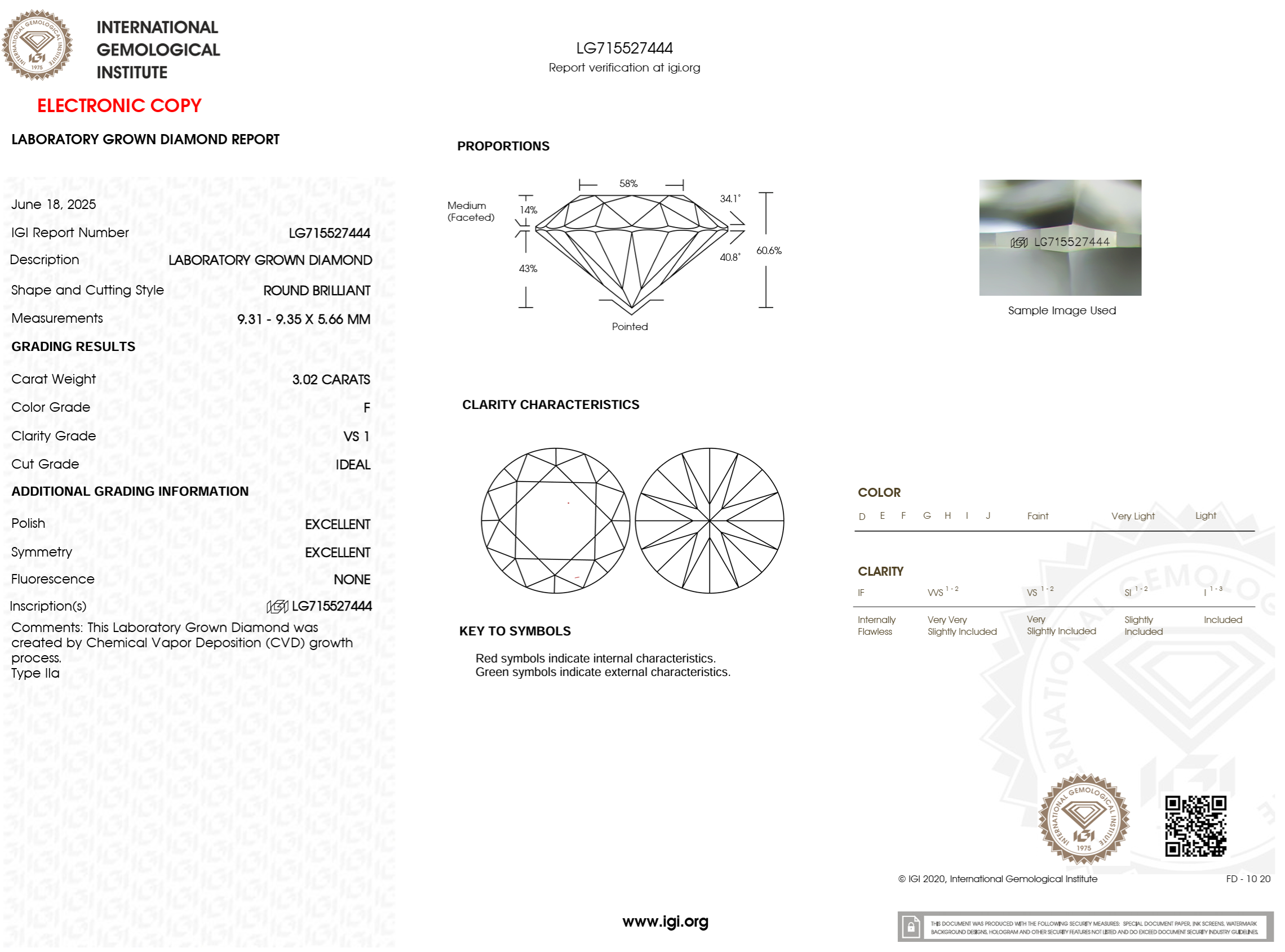 3.02 Carat F-VS1 Round Lab Grown Diamond - IGI (#126685)
