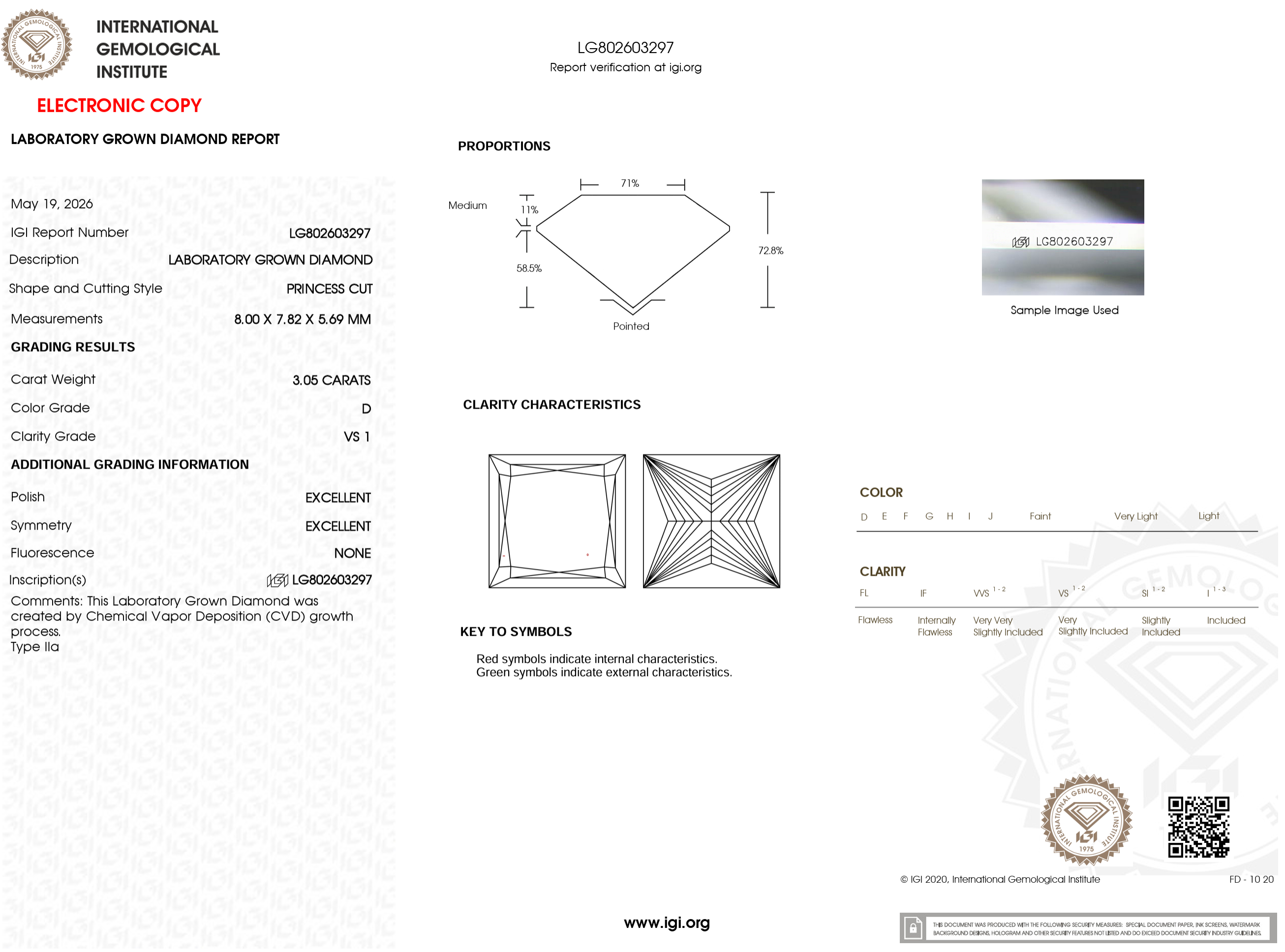 3.05 Carat D-VS1 Princess Lab Grown Diamond - IGI (#126842)