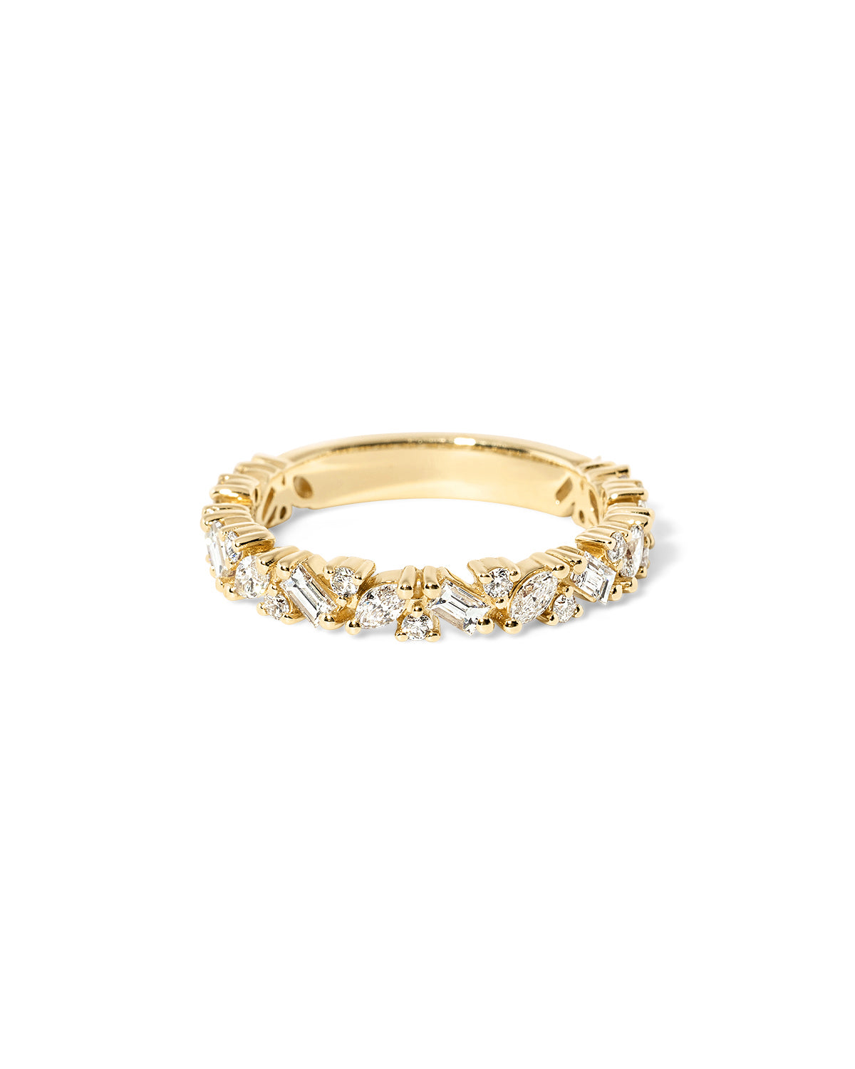 3.2mm Sienna wedding band with offset baguette, round, and marquise lab-grown diamonds set in gold at Princess Bride Diamonds jewelry store in Orange County
