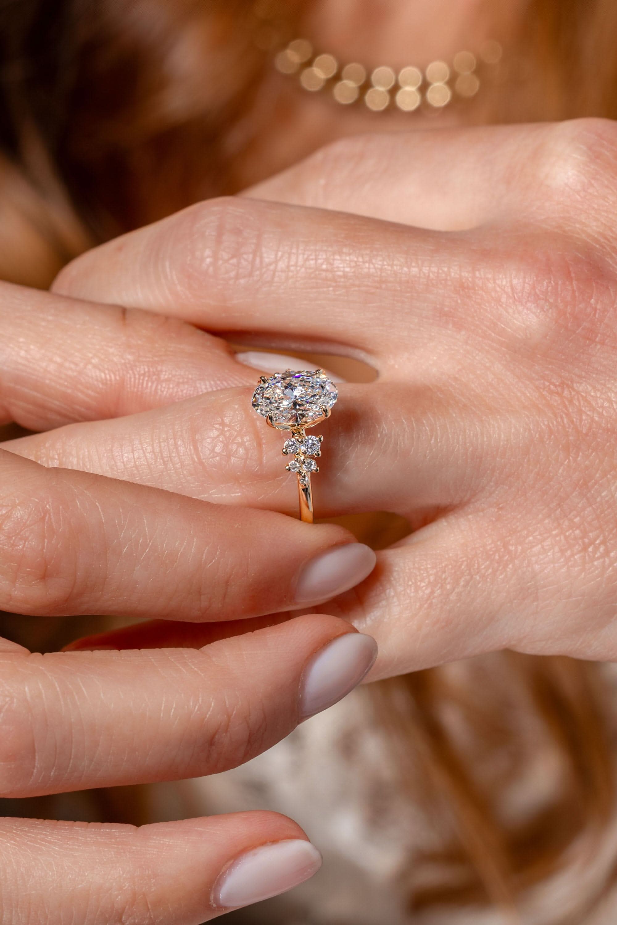 Trying on engagement rings at Princess Bride Diamonds, Huntington Beach jewelry store