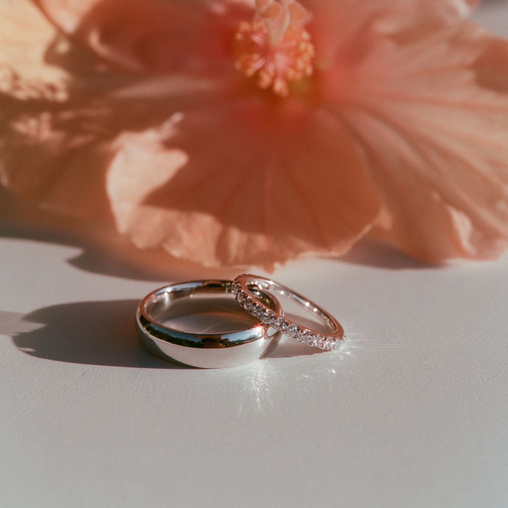 Two interlocking rings, one polished silver and one rose gold with small clear stones, resting on a light surface with a soft-focus peach flower in the background.
