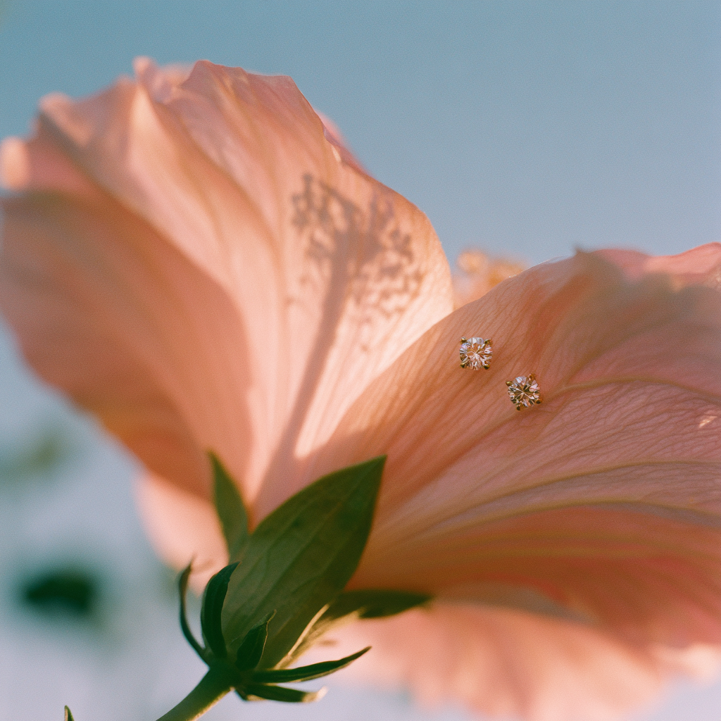 Two small silver stud earrings with clear stones resting on the petals of a soft peach-pink flower against a pale blue sky.
