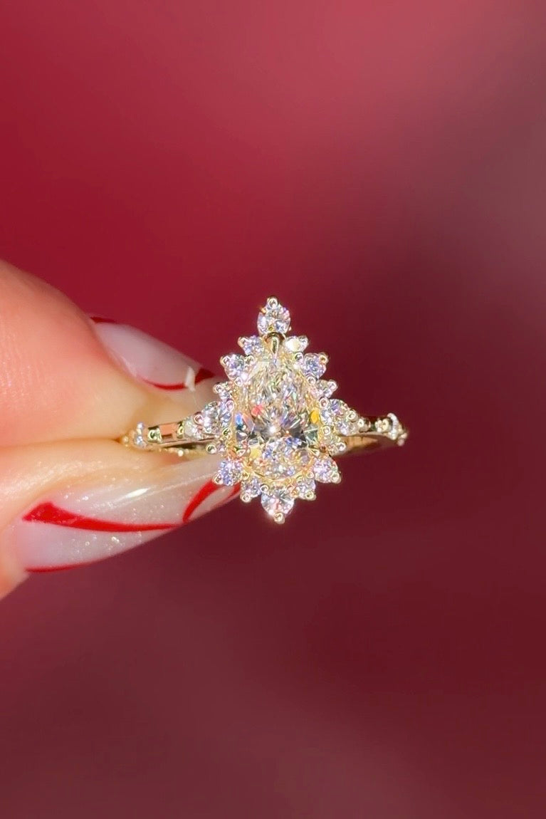 Vintage Style Pear Snowflake Halo Engagement Ring with Spaced Diamonds