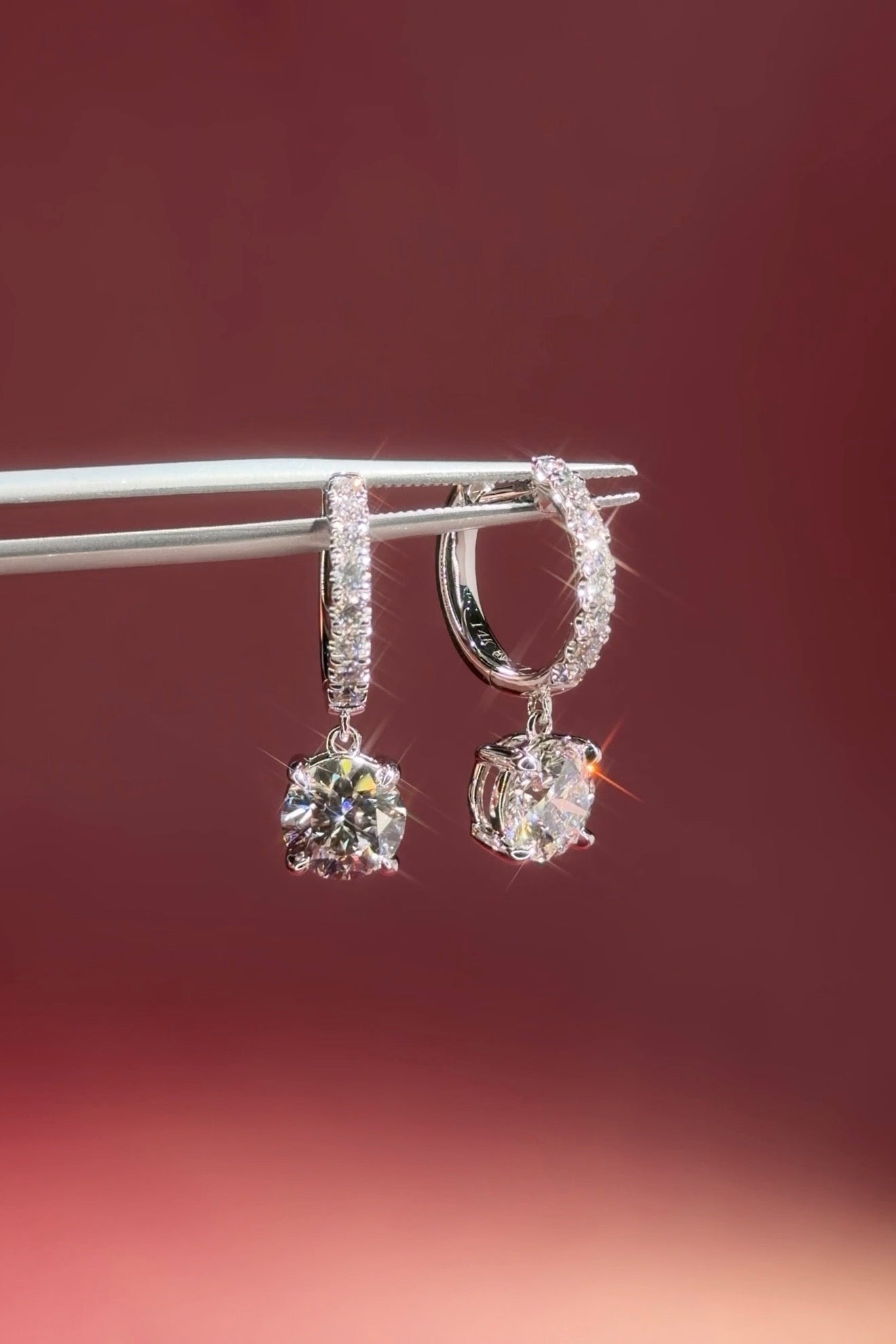 White Gold Diamond Pave Hoops with a 4 prong diamond drop