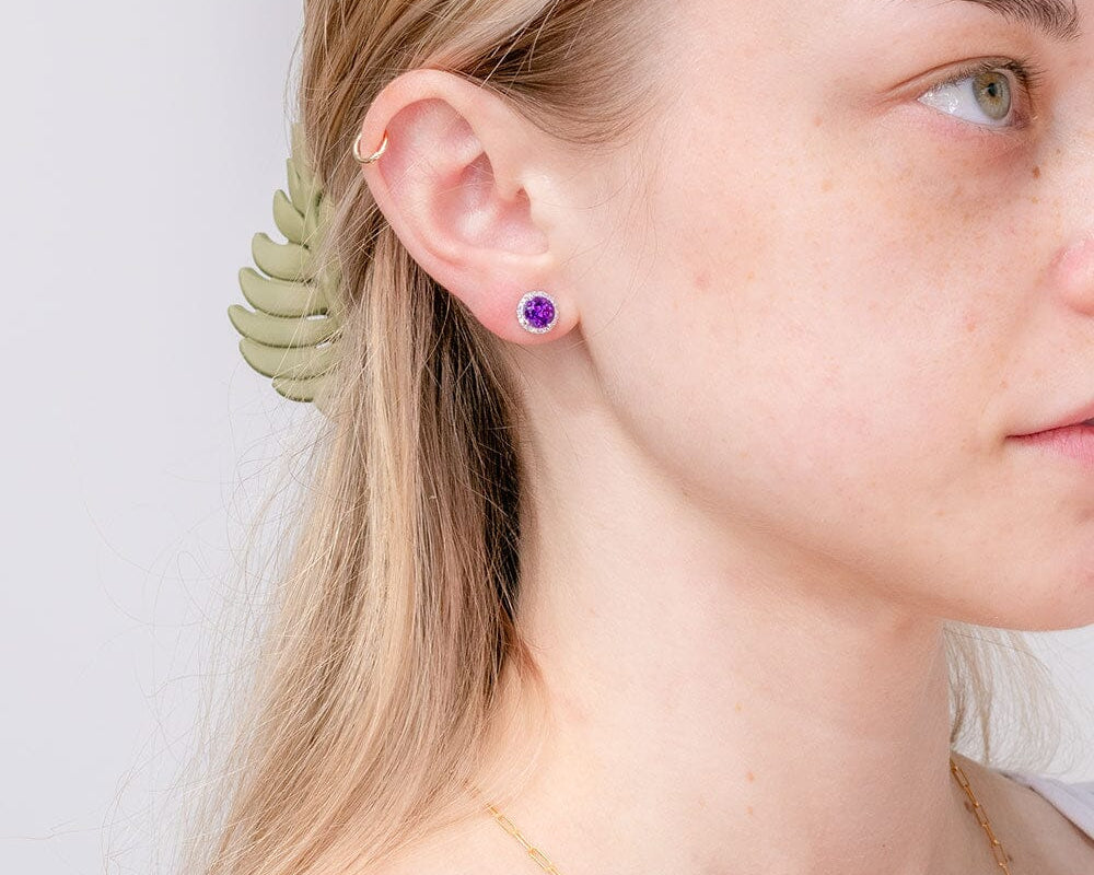 Amethyst & Diamond Halo Studs Earrings Princess Bride Diamonds 