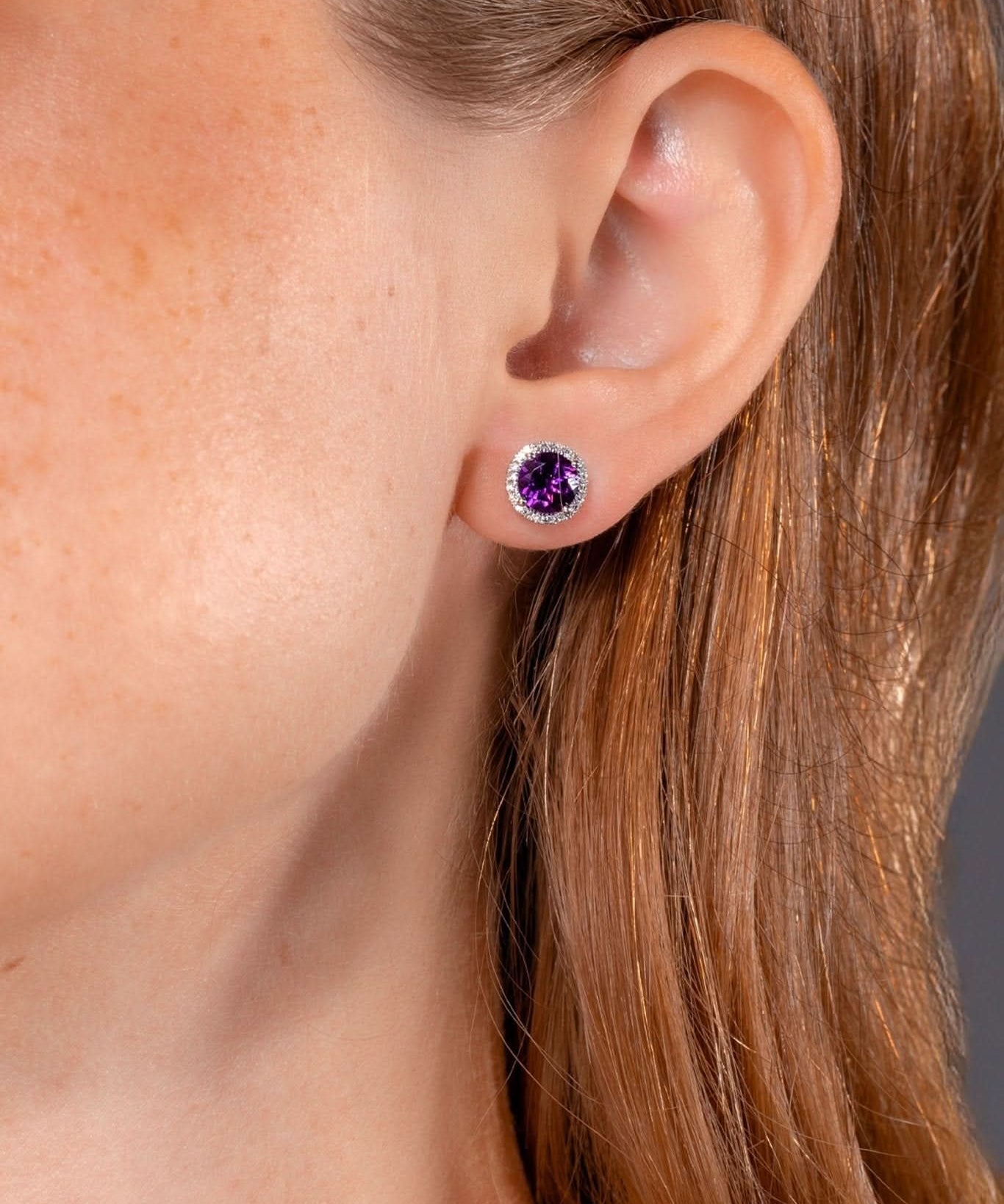 Amethyst & Diamond Halo Studs - PBD Earrings