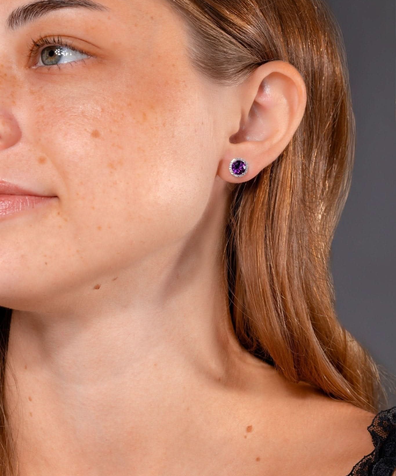 Amethyst & Diamond Halo Studs - PBD Earrings
