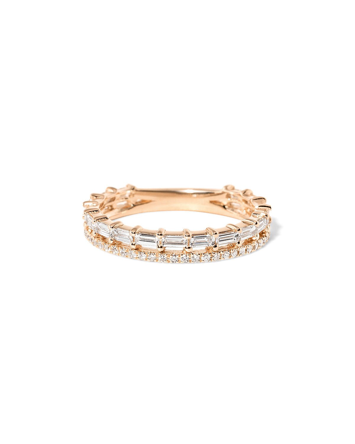 3.2mm Baguette Double wedding band with baguette diamond accents and a pavé diamond row set in gold at Princess Bride Diamonds jewelry store in Orange County