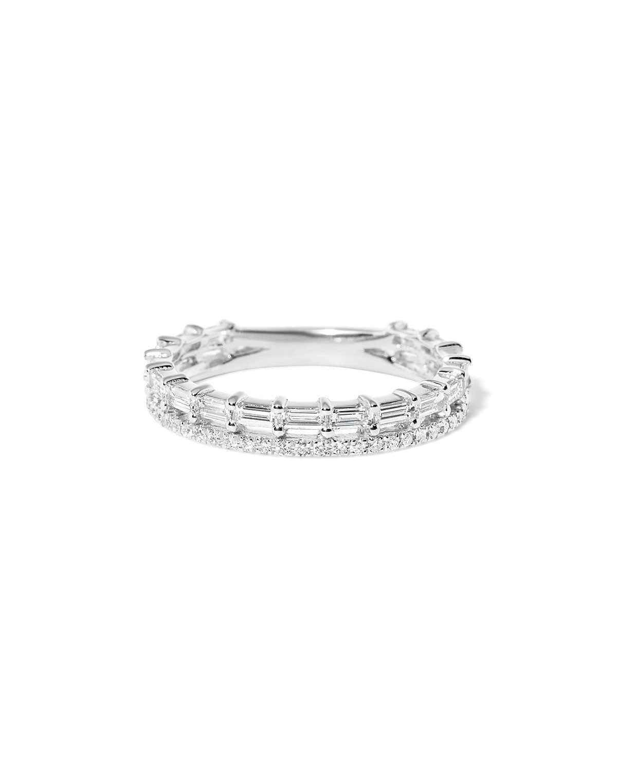 3.2mm Baguette Double wedding band with baguette diamond accents and a pavé diamond row set in gold at Princess Bride Diamonds jewelry store in Orange County